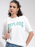 Tokyo Talkies Women Off White Printed Round Neck Oversized Fit T-Shirt - Off White - Image 1