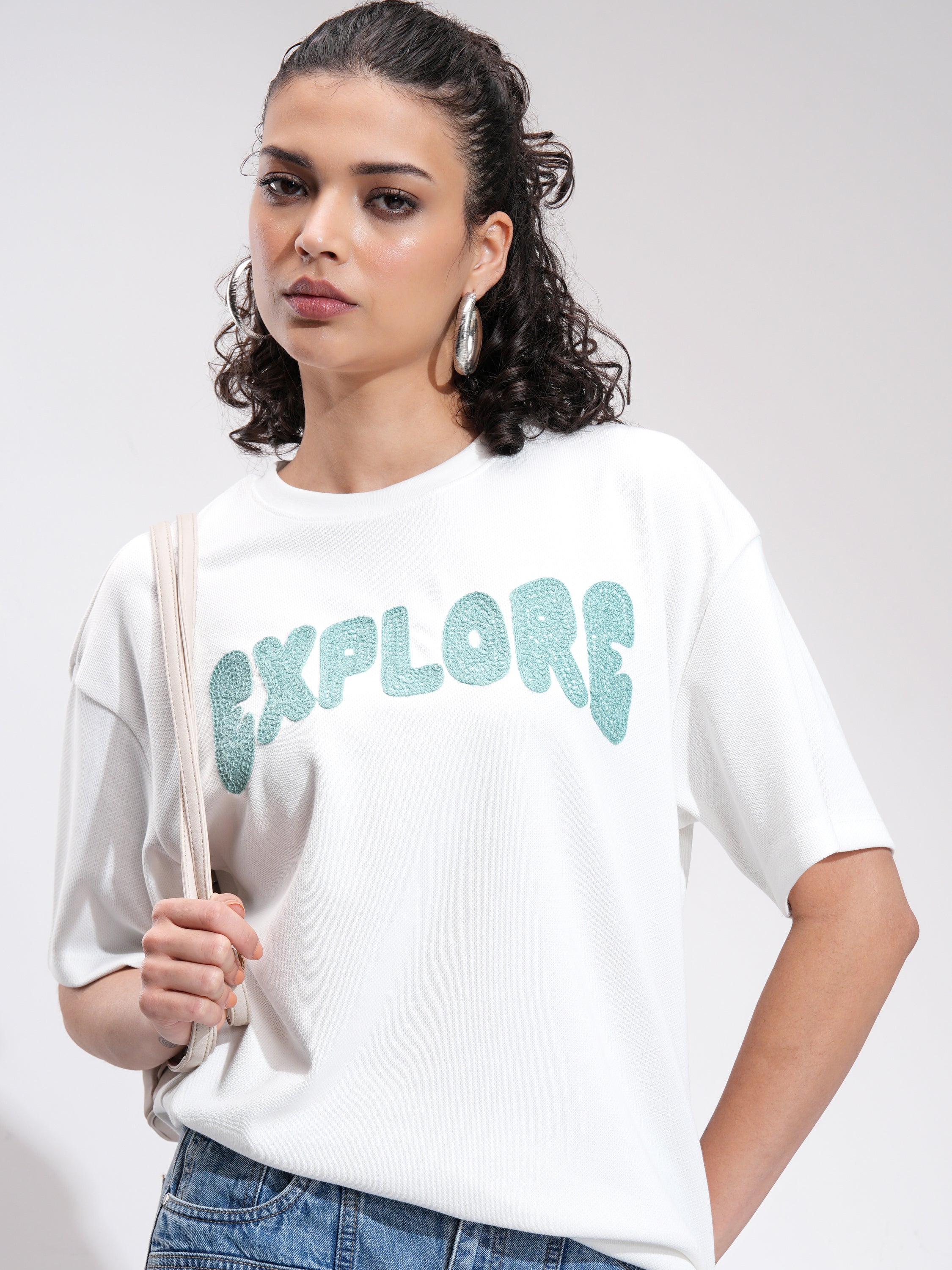 Tokyo Talkies Women Off White Printed Round Neck Oversized Fit T-Shirt - Off White - Image 1