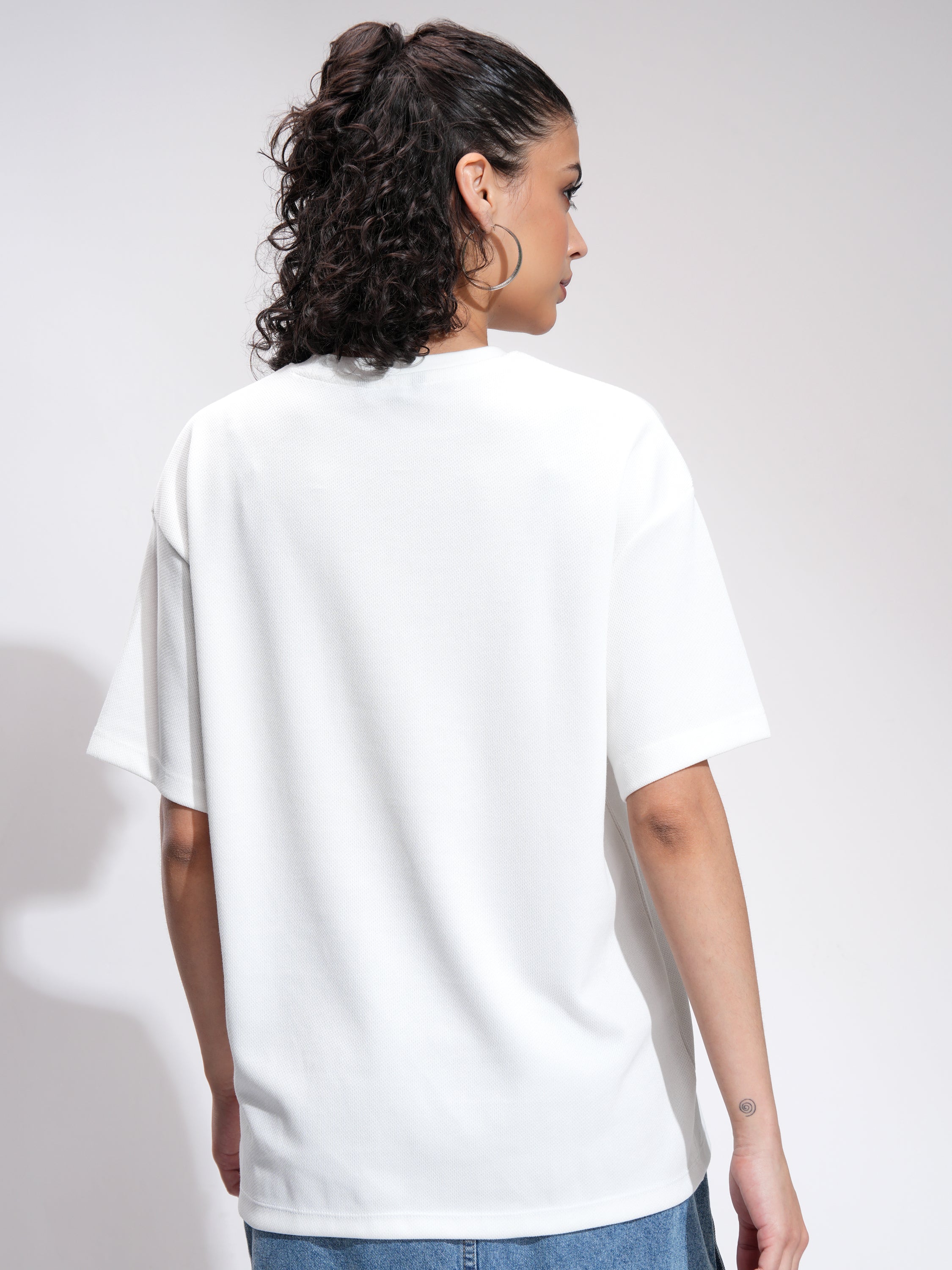 Tokyo Talkies Women Off White Printed Round Neck Oversized Fit T-Shirt - Off White - Image 3