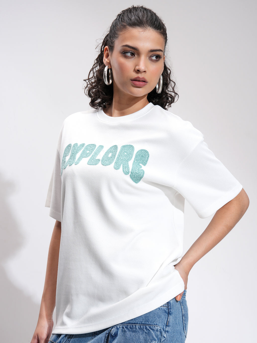 Tokyo Talkies Women Off White Printed Round Neck Oversized Fit T-Shirt - Off White - Image 4