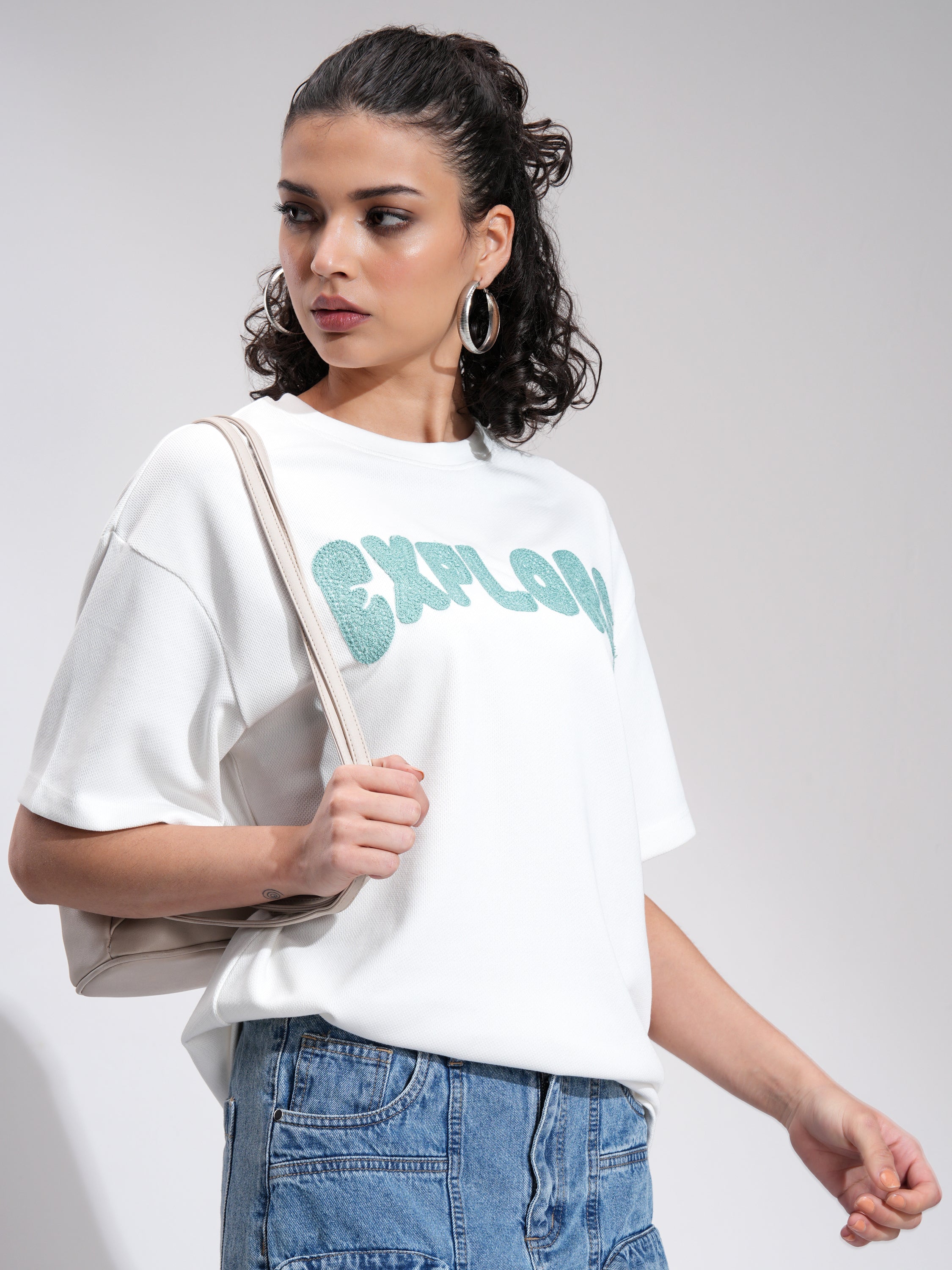 Tokyo Talkies Women Off White Printed Round Neck Oversized Fit T-Shirt - Off White - Image 6