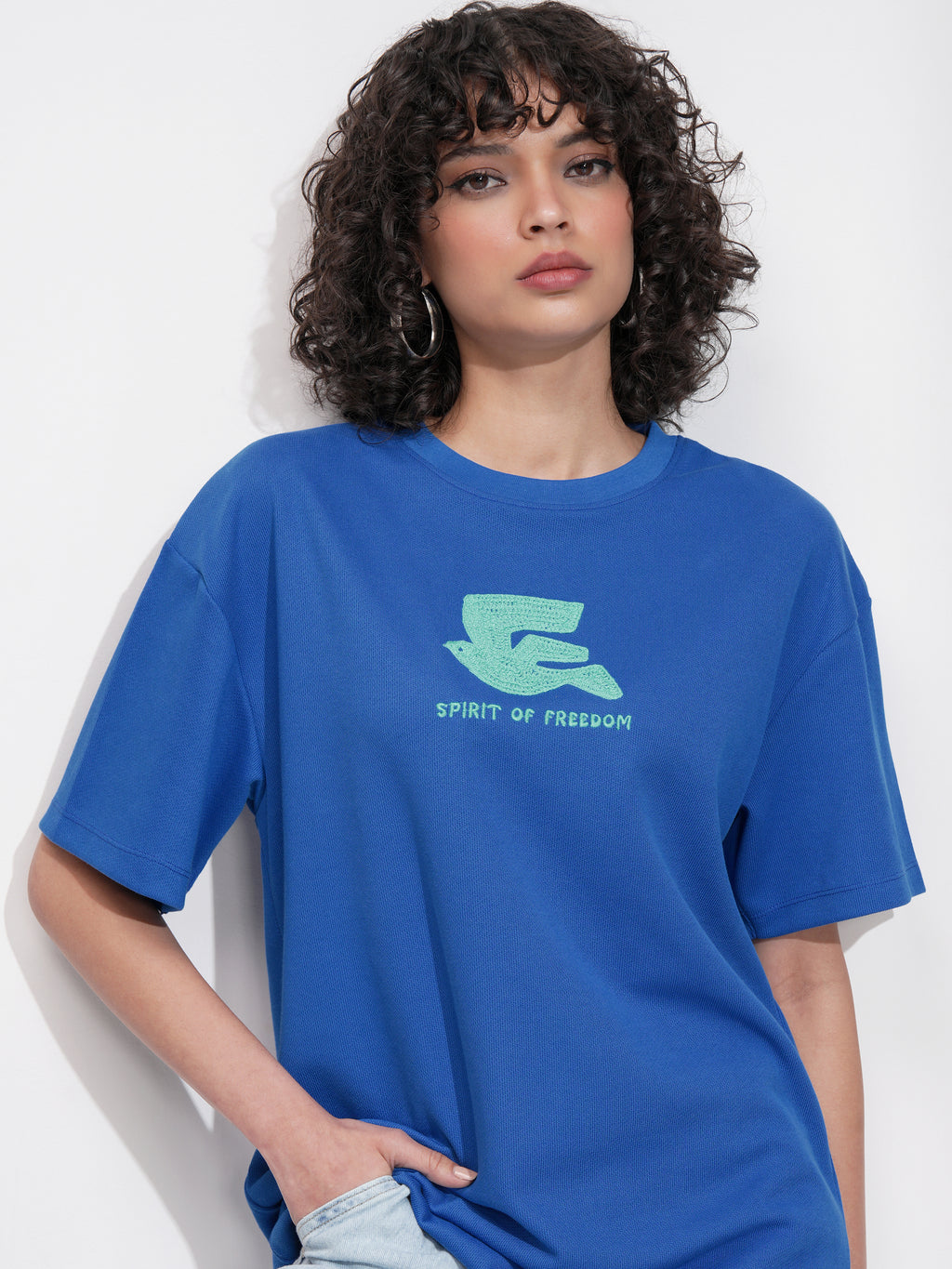 Tokyo Talkies Women Blue Embroidered Round Neck Oversized Fit T-Shirt - Blue - Image 1