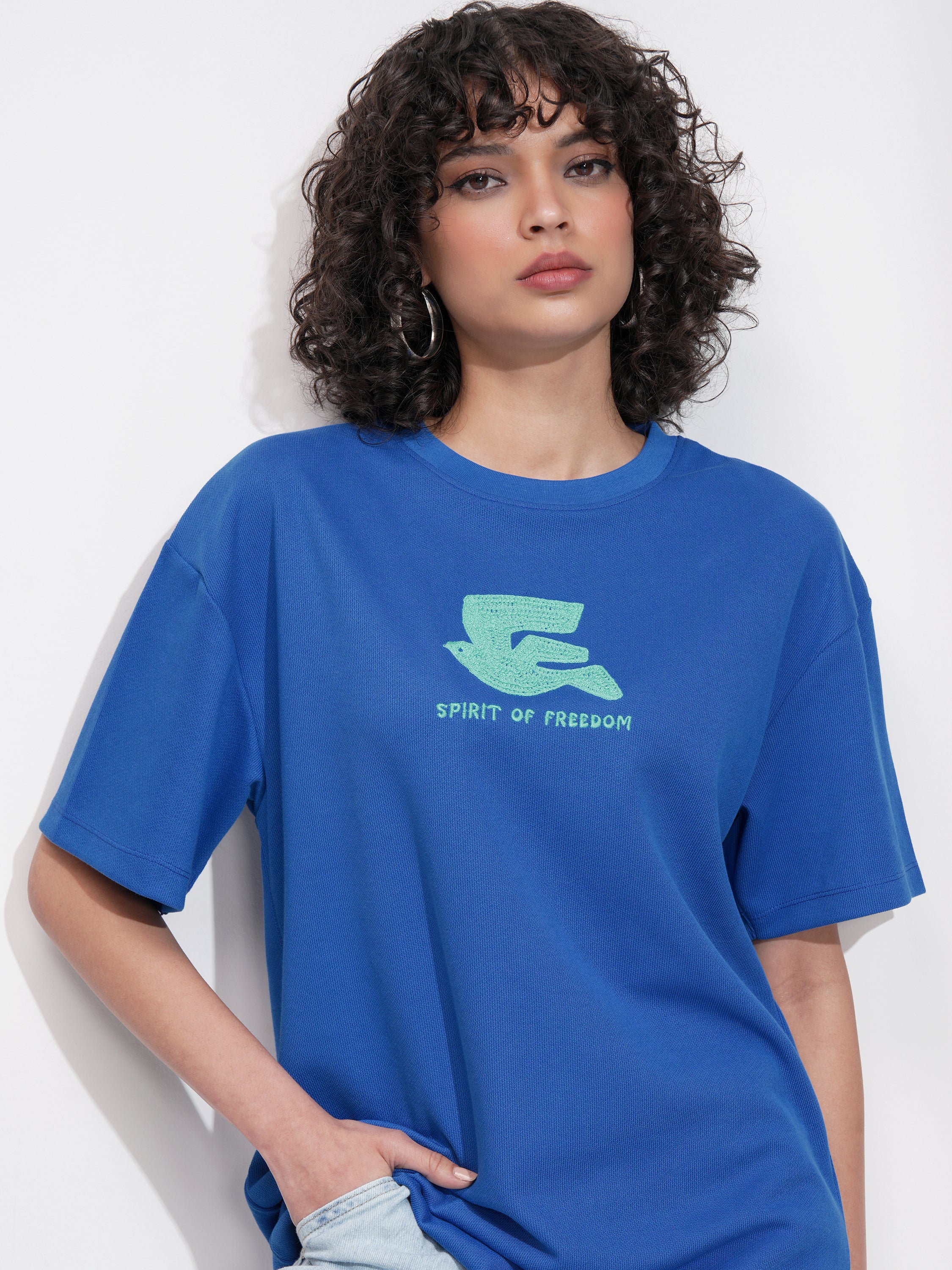 Tokyo Talkies Women Blue Embroidered Round Neck Oversized Fit T-Shirt - Blue - Image 1