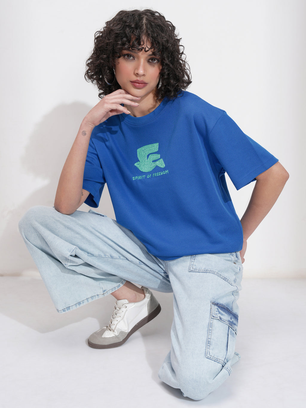 Tokyo Talkies Women Blue Embroidered Round Neck Oversized Fit T-Shirt - Blue - Image 2