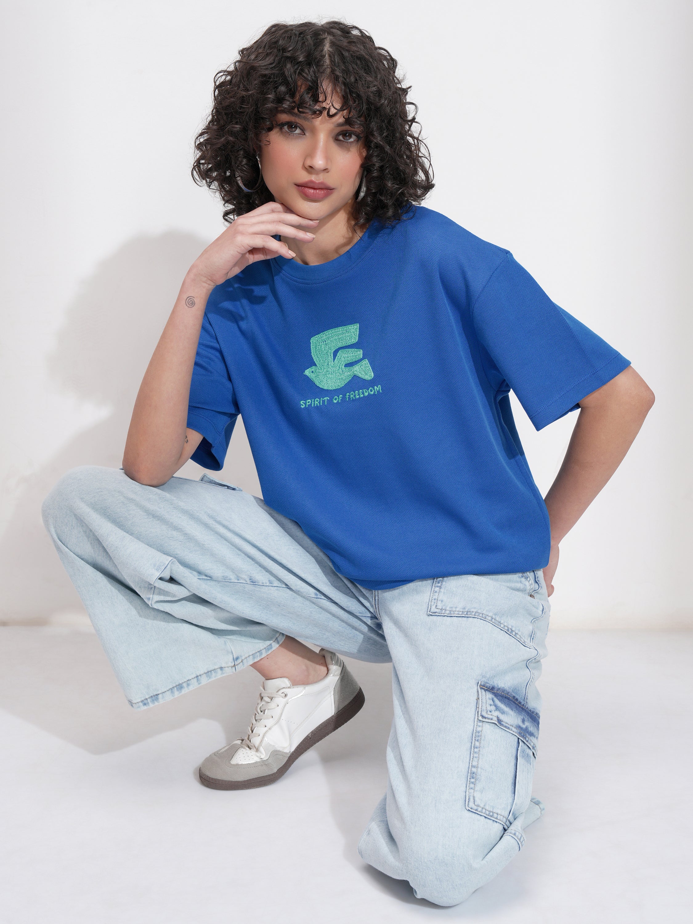 Tokyo Talkies Women Blue Embroidered Round Neck Oversized Fit T-Shirt - Blue - Image 2