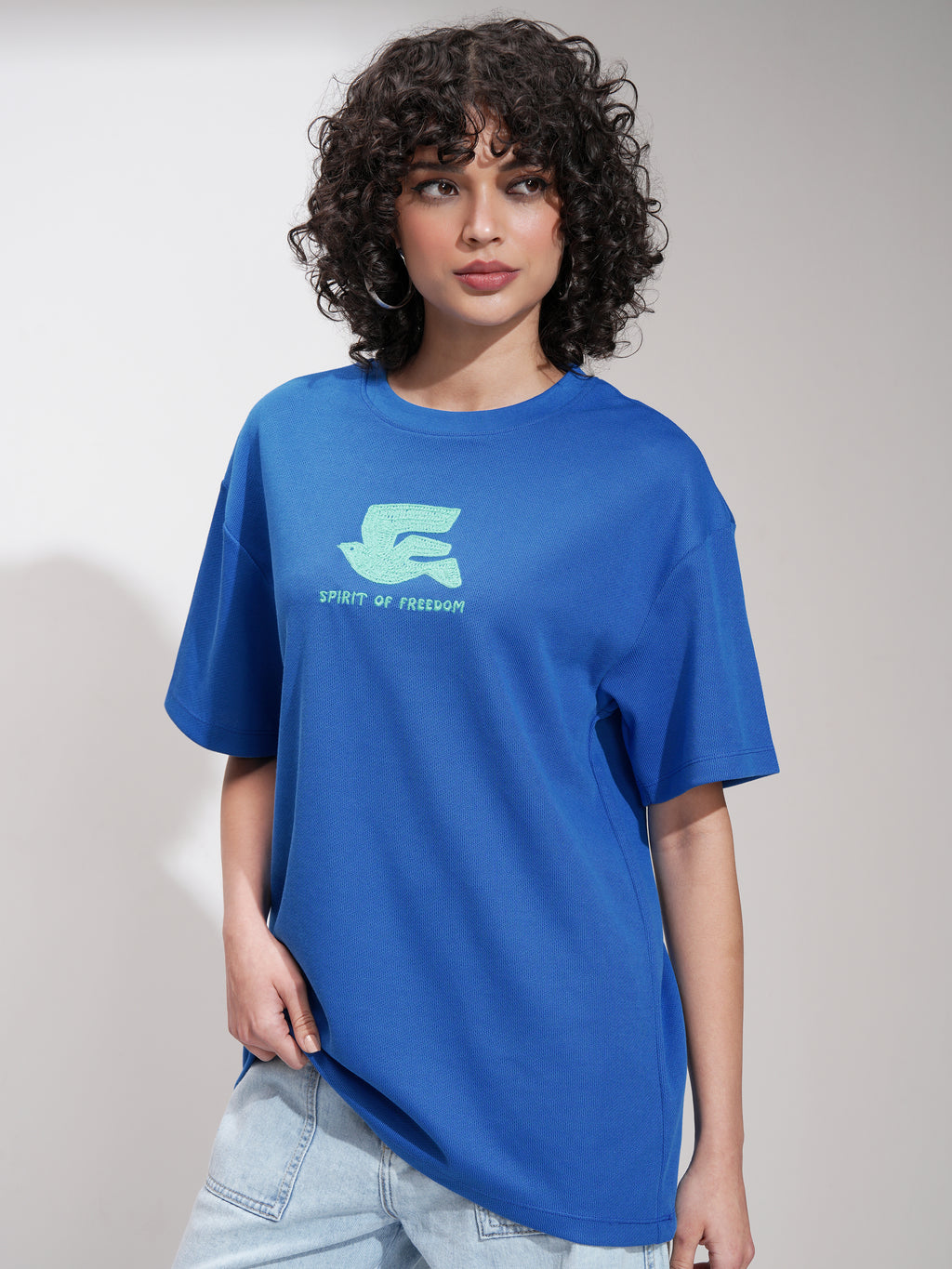 Tokyo Talkies Women Blue Embroidered Round Neck Oversized Fit T-Shirt - Blue - Image 4