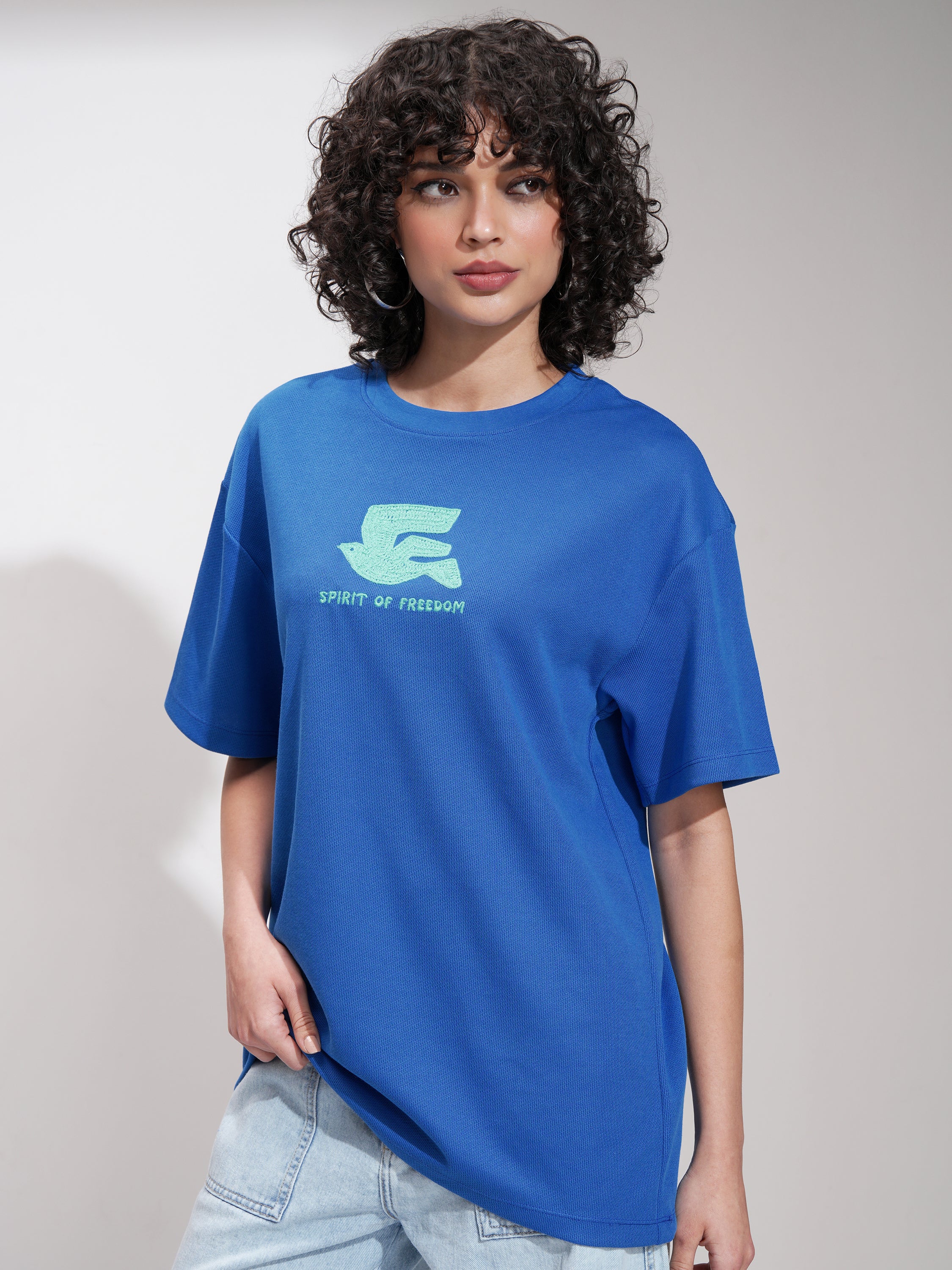 Tokyo Talkies Women Blue Embroidered Round Neck Oversized Fit T-Shirt - Blue - Image 4