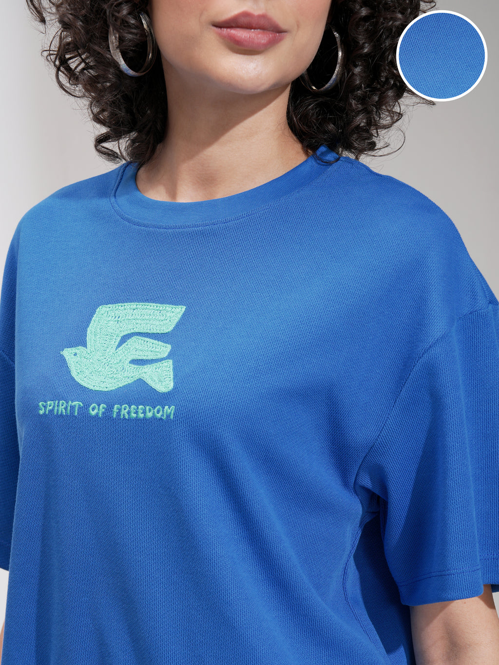 Tokyo Talkies Women Blue Embroidered Round Neck Oversized Fit T-Shirt - Blue - Image 5