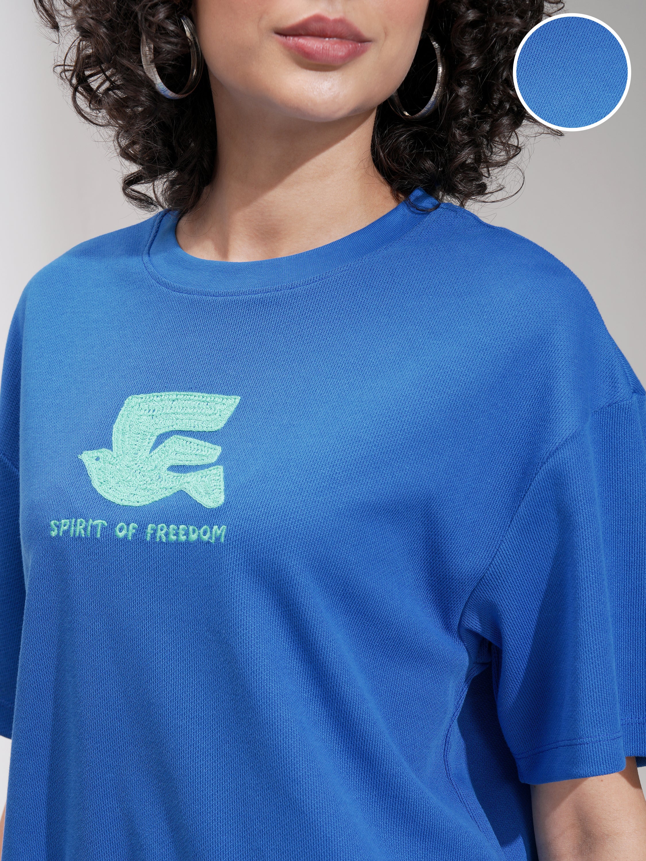 Tokyo Talkies Women Blue Embroidered Round Neck Oversized Fit T-Shirt - Blue - Image 5