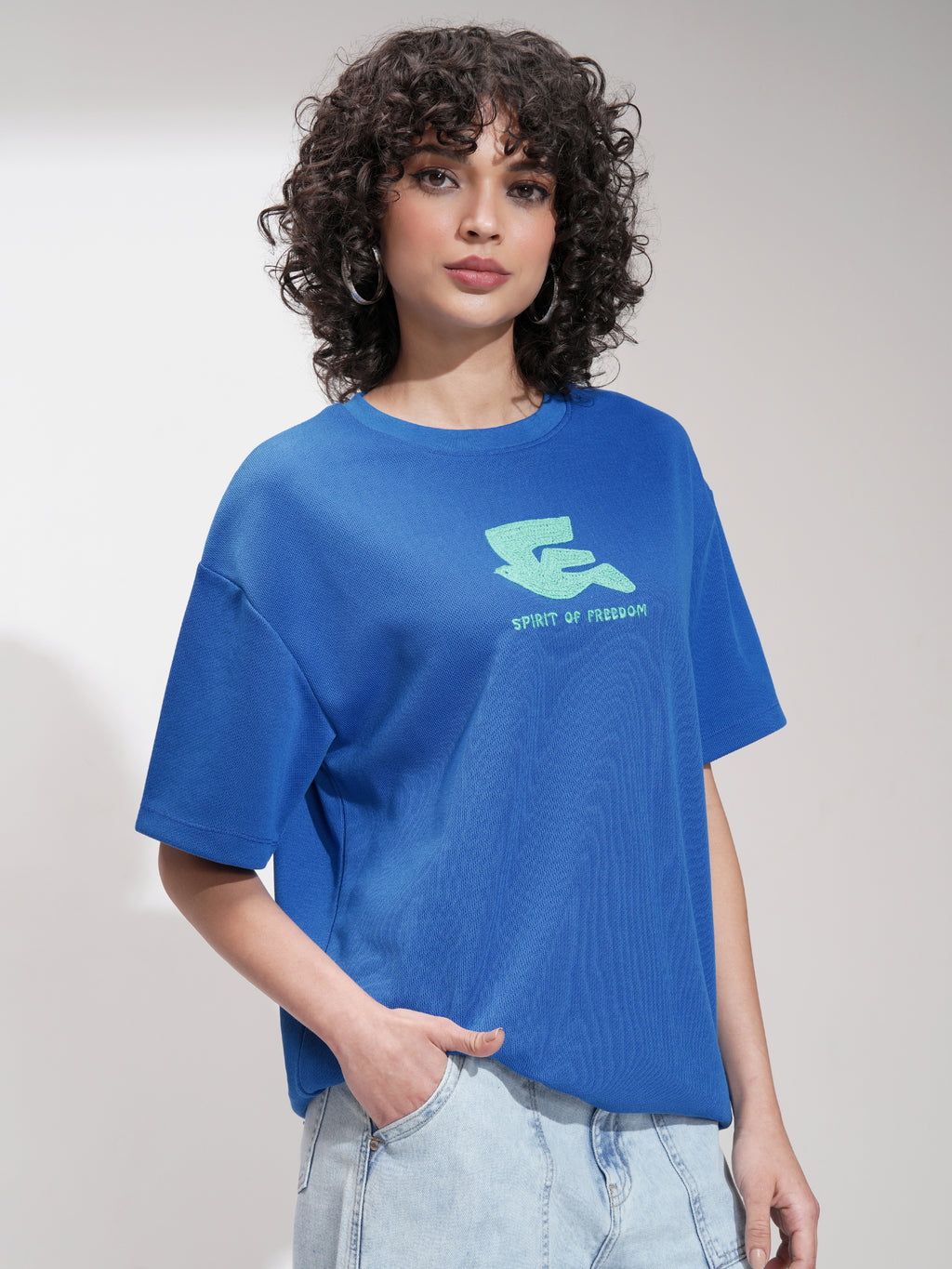Tokyo Talkies Women Blue Embroidered Round Neck Oversized Fit T-Shirt - Blue - Image 6