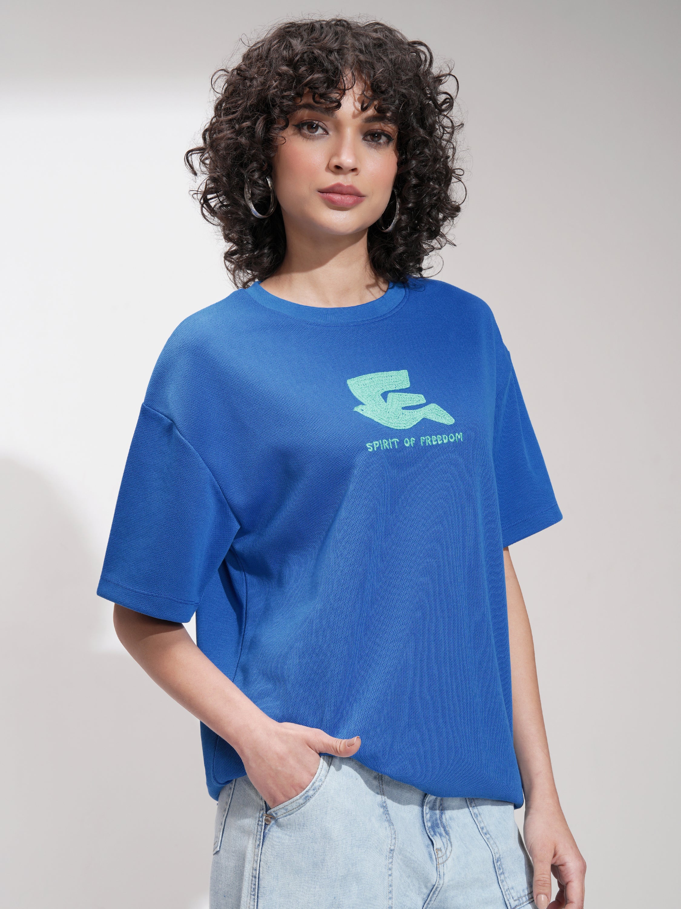 Tokyo Talkies Women Blue Embroidered Round Neck Oversized Fit T-Shirt - Blue - Image 6
