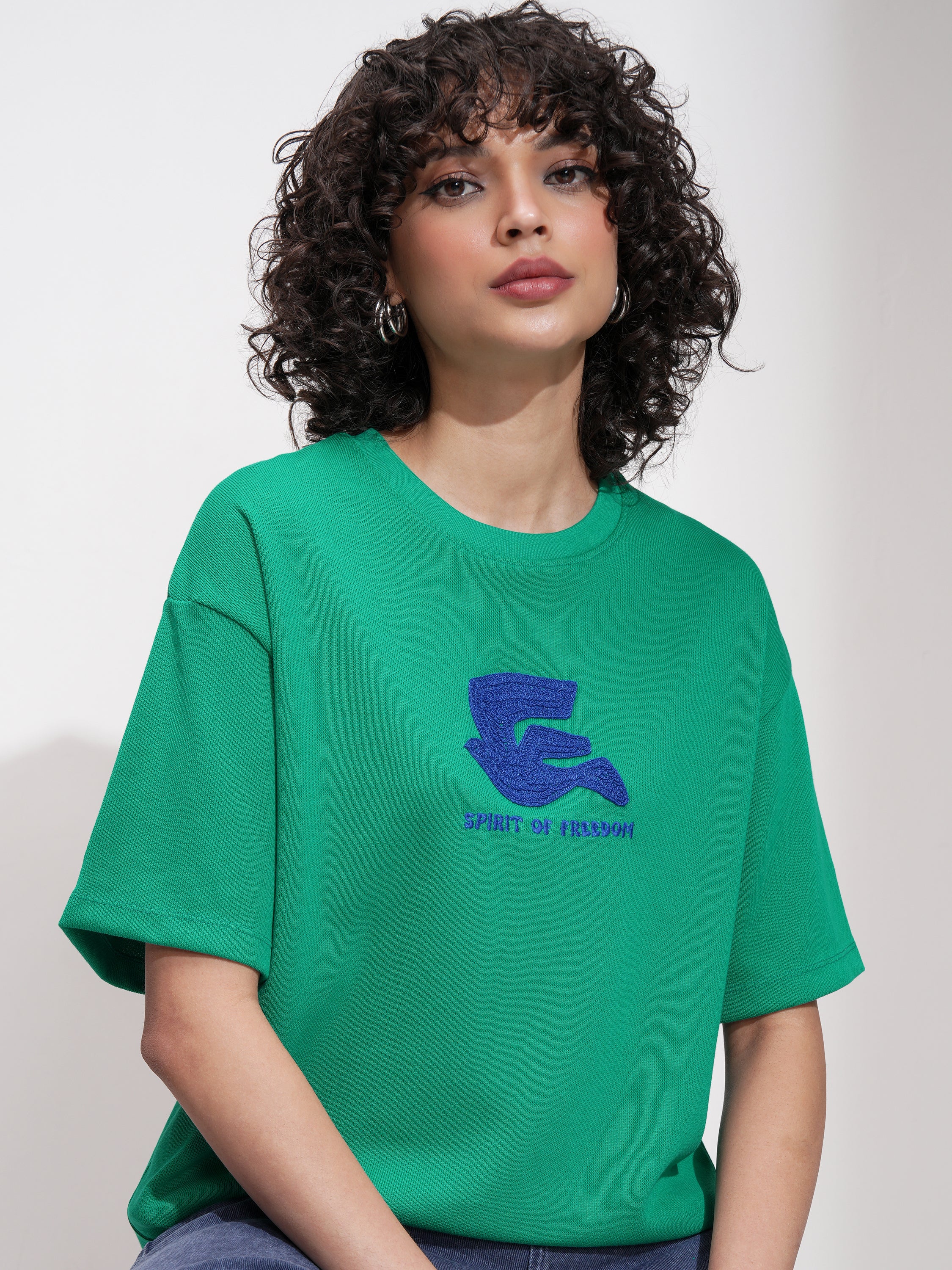 Tokyo Talkies Women Green Embroidered Round Neck Oversized Fit T-Shirt - Green - Image 1