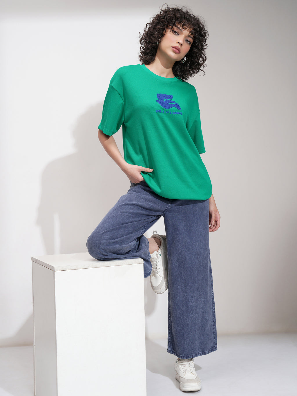 Tokyo Talkies Women Green Embroidered Round Neck Oversized Fit T-Shirt - Green - Image 2