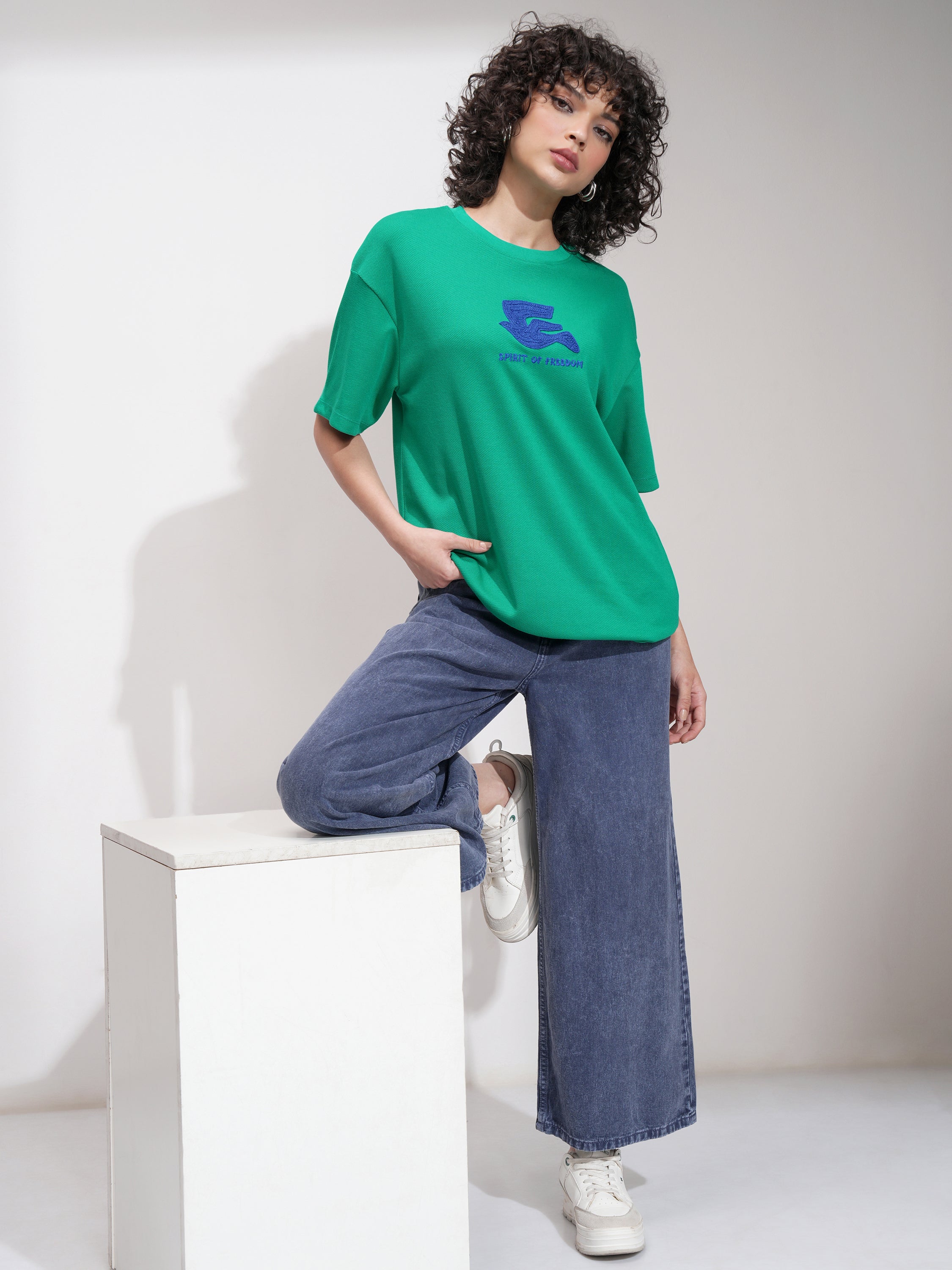 Tokyo Talkies Women Green Embroidered Round Neck Oversized Fit T-Shirt - Green - Image 2