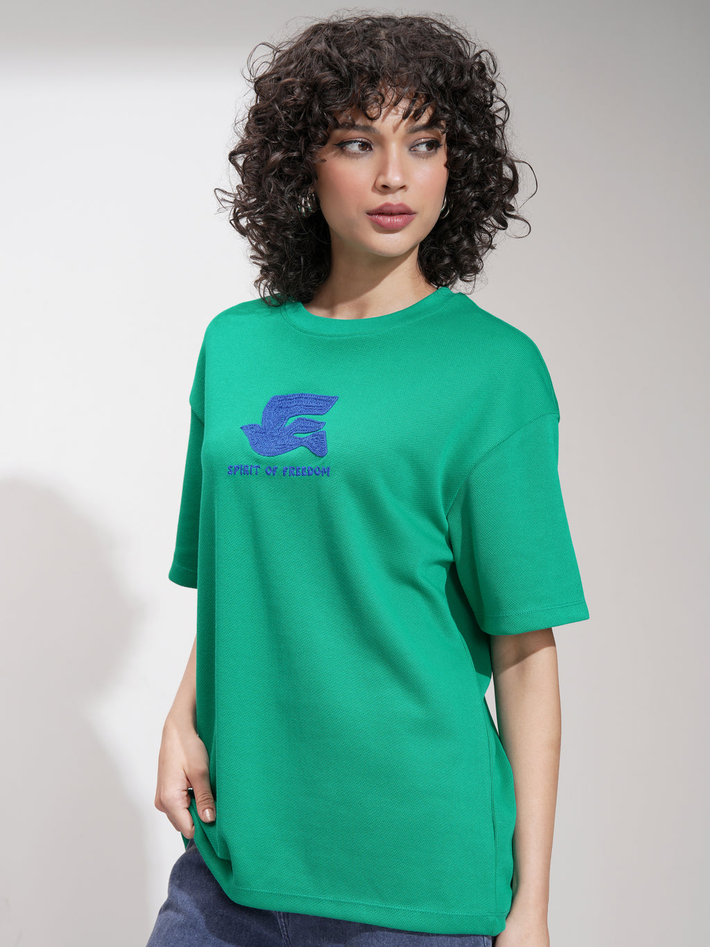 Tokyo Talkies Women Green Embroidered Round Neck Oversized Fit T-Shirt - Green - Image 4