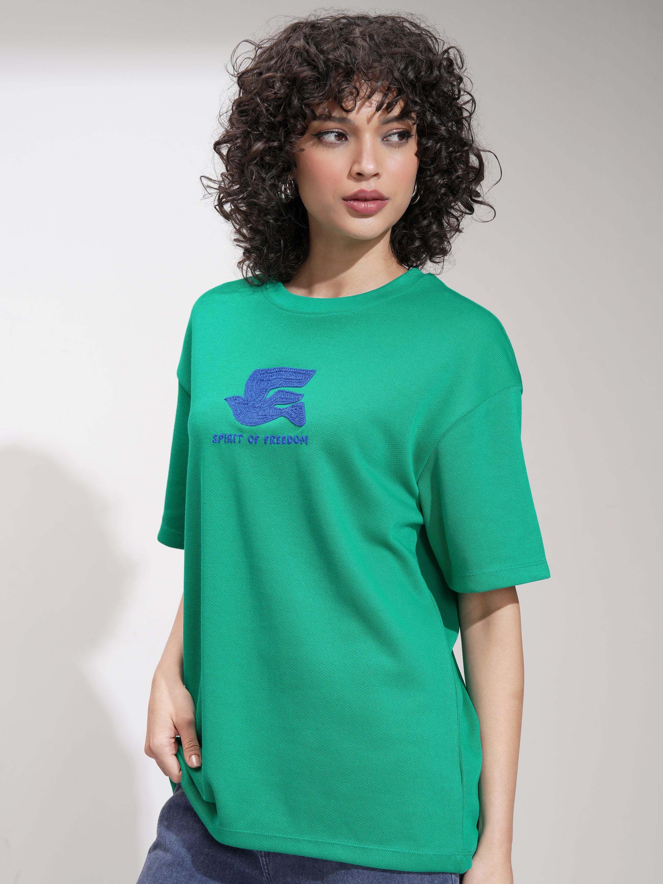 Tokyo Talkies Women Green Embroidered Round Neck Oversized Fit T-Shirt - Green - Image 4