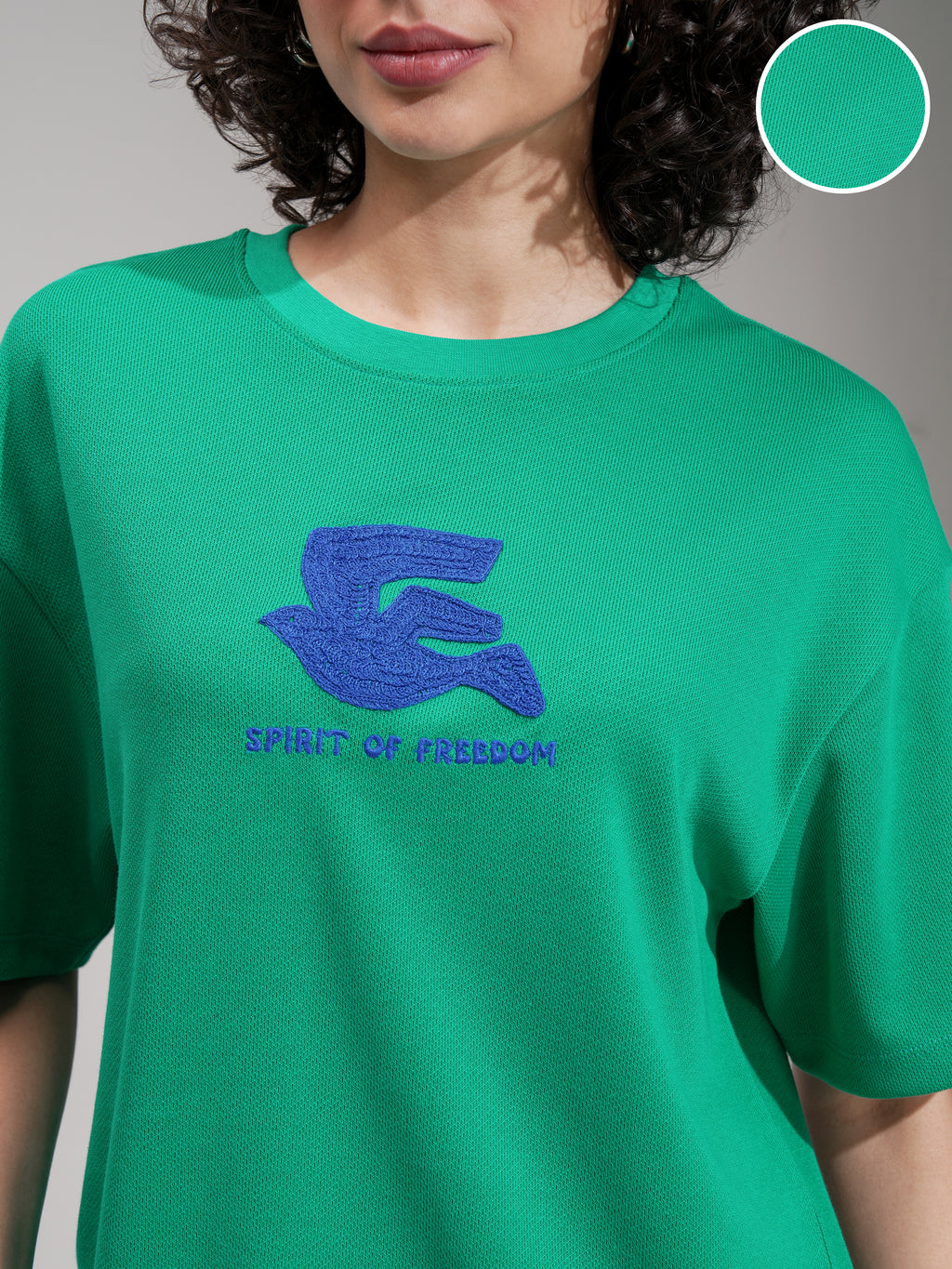 Tokyo Talkies Women Green Embroidered Round Neck Oversized Fit T-Shirt - Green - Image 5