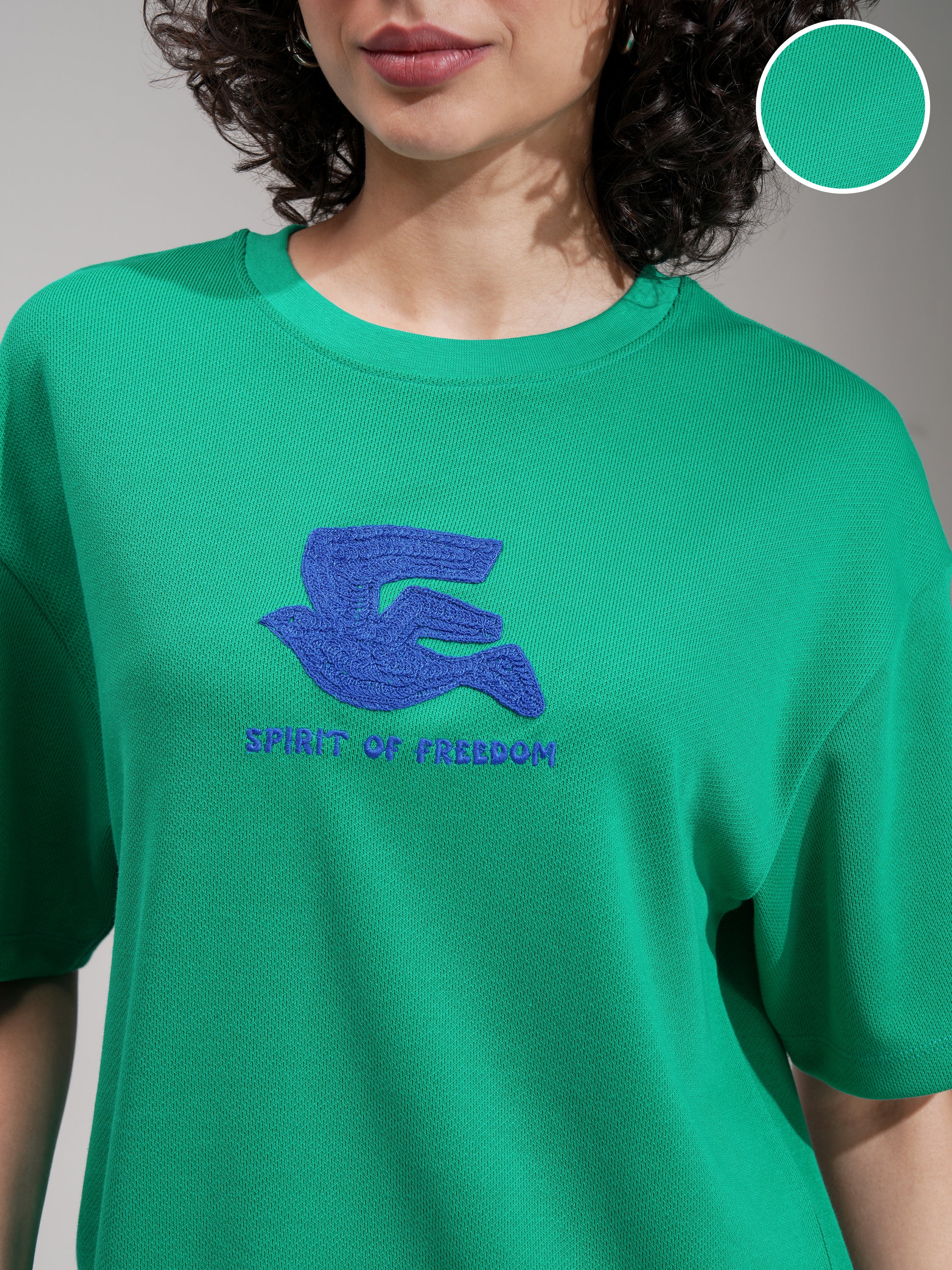 Tokyo Talkies Women Green Embroidered Round Neck Oversized Fit T-Shirt - Green - Image 5
