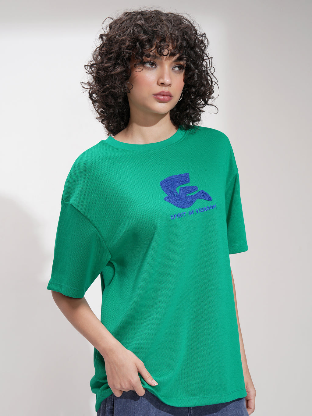 Tokyo Talkies Women Green Embroidered Round Neck Oversized Fit T-Shirt - Green - Image 6