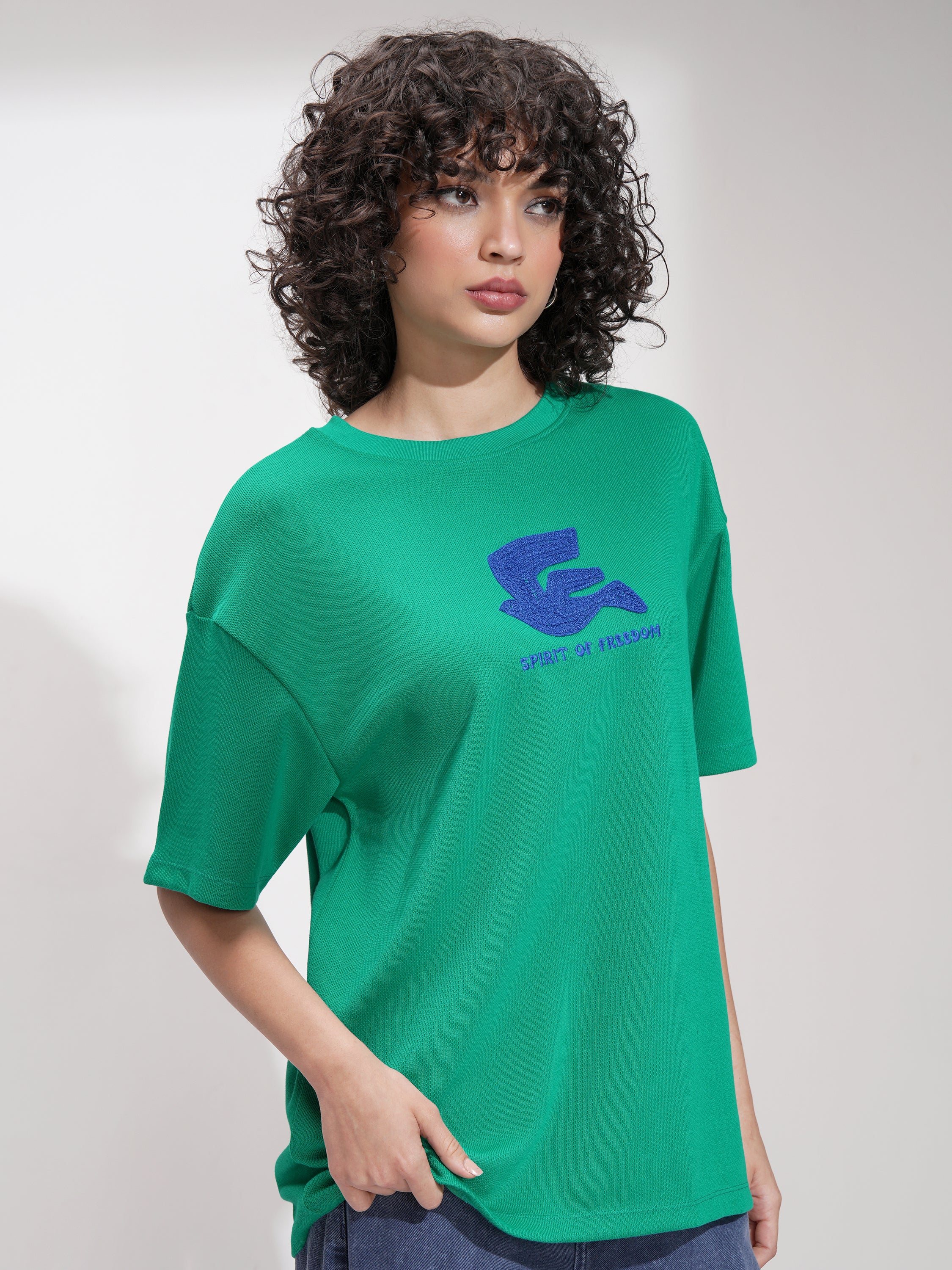 Tokyo Talkies Women Green Embroidered Round Neck Oversized Fit T-Shirt - Green - Image 6
