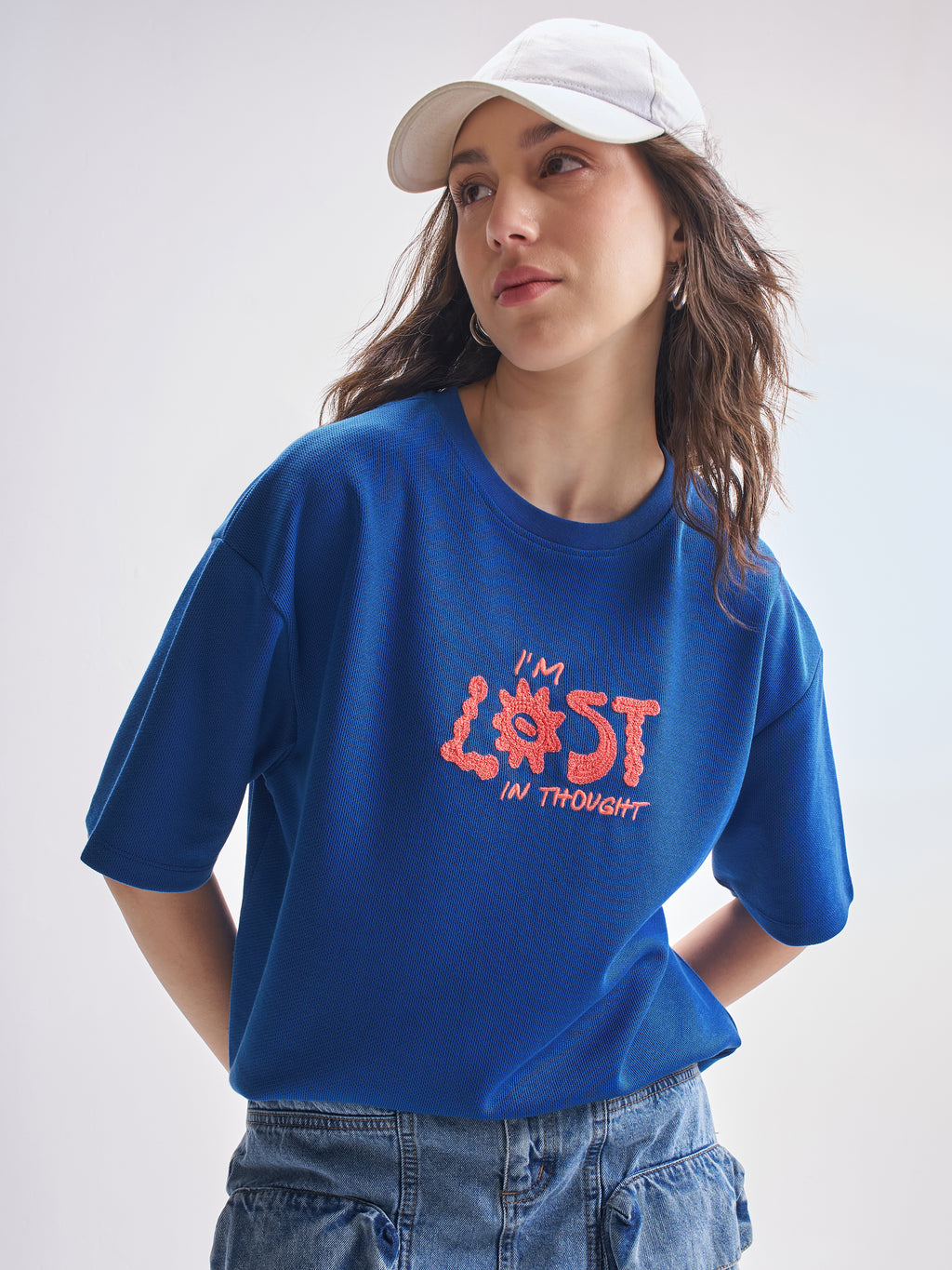 Tokyo Talkies Women Blue Embroidered Round Neck Oversized Fit T-Shirt - Blue - Image 1