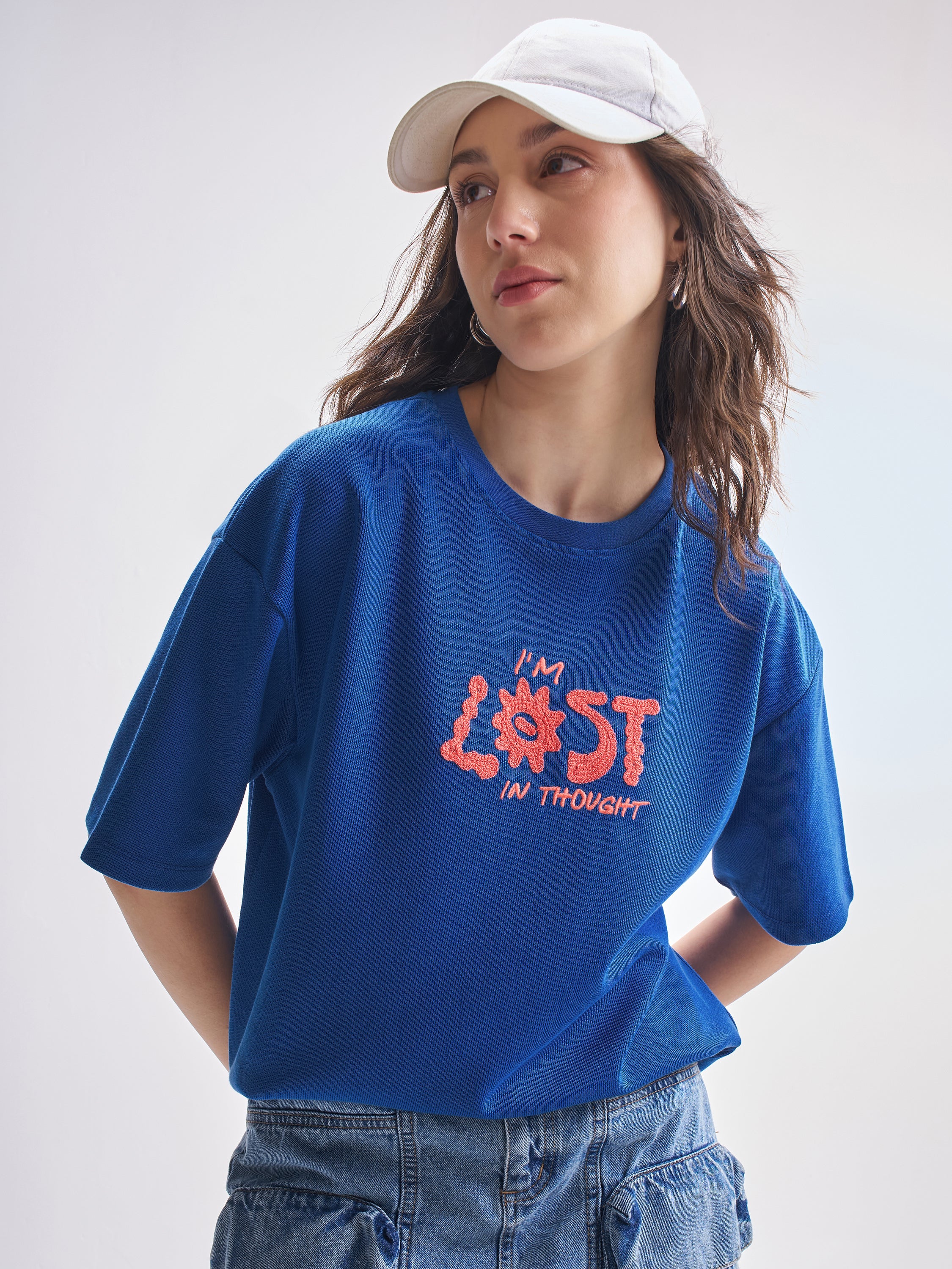 Tokyo Talkies Women Blue Embroidered Round Neck Oversized Fit T-Shirt - Blue - Image 1