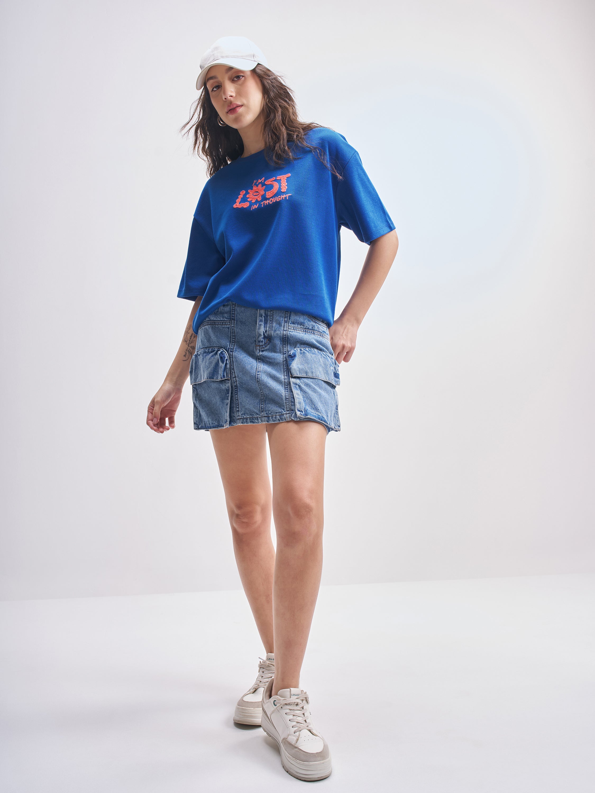 Tokyo Talkies Women Blue Embroidered Round Neck Oversized Fit T-Shirt - Blue - Image 2