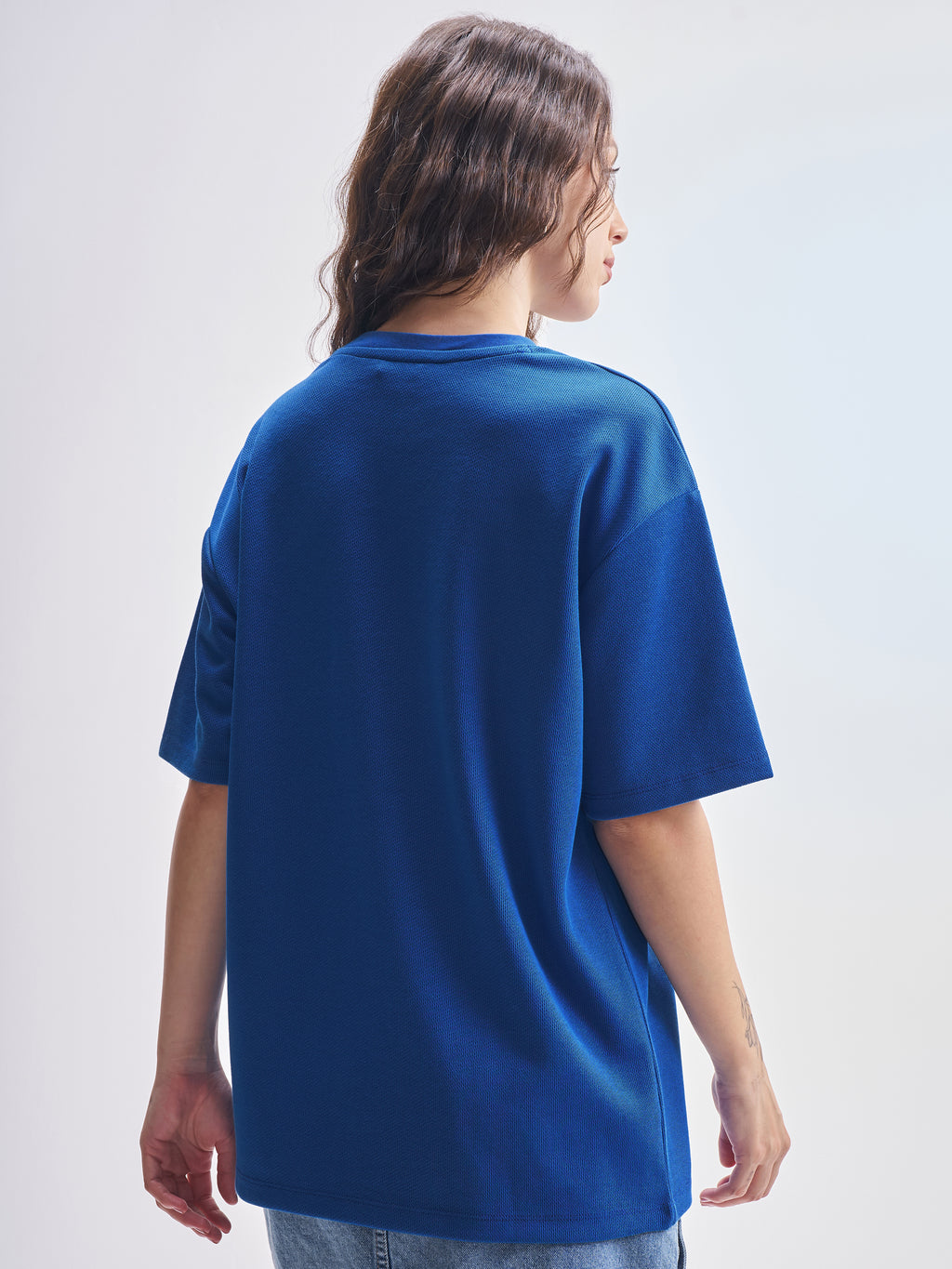 Tokyo Talkies Women Blue Embroidered Round Neck Oversized Fit T-Shirt - Blue - Image 3