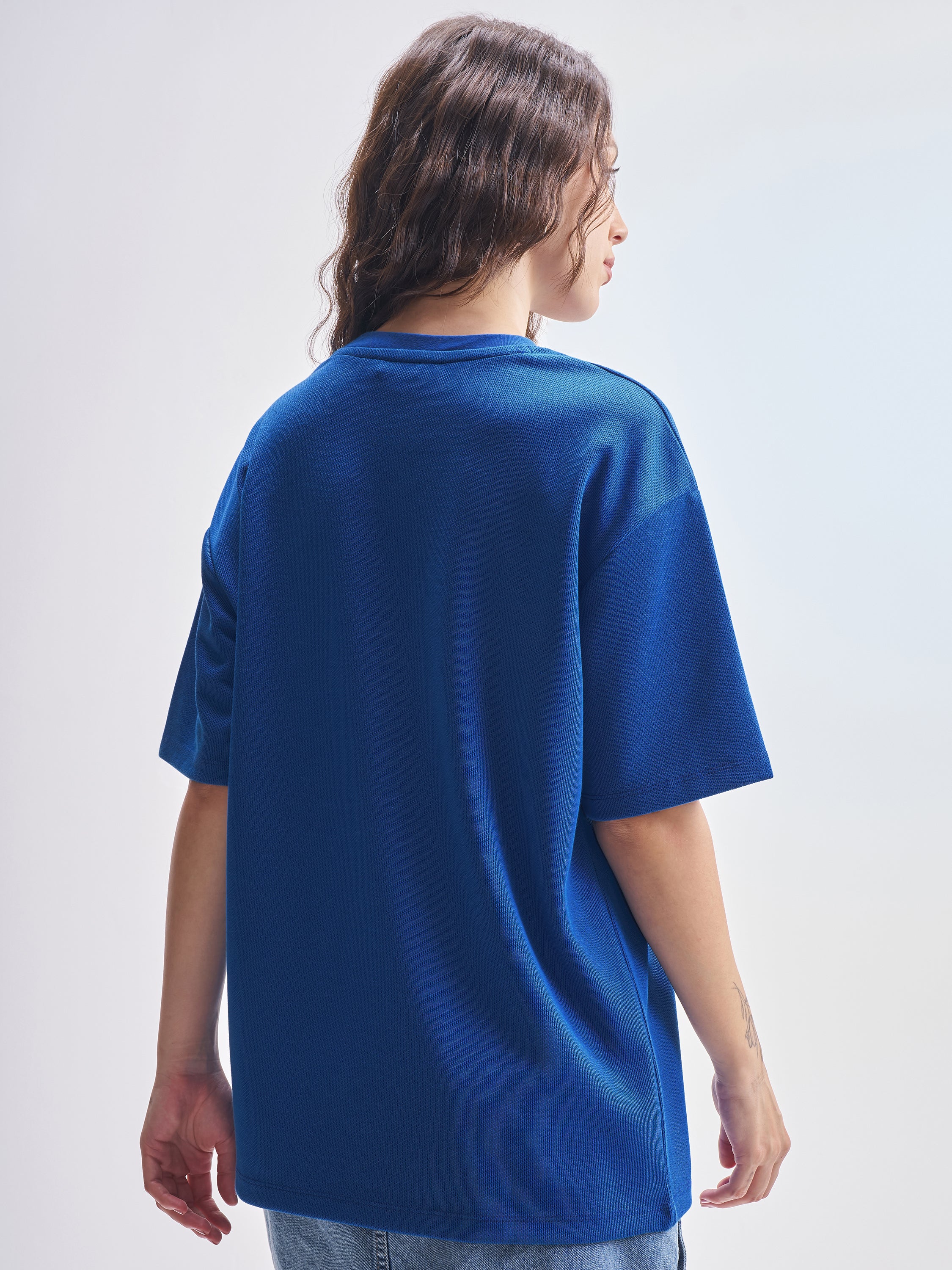 Tokyo Talkies Women Blue Embroidered Round Neck Oversized Fit T-Shirt - Blue - Image 3