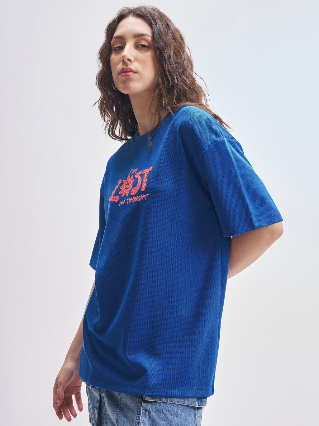 Tokyo Talkies Women Blue Embroidered Round Neck Oversized Fit T-Shirt - Blue - Image 4