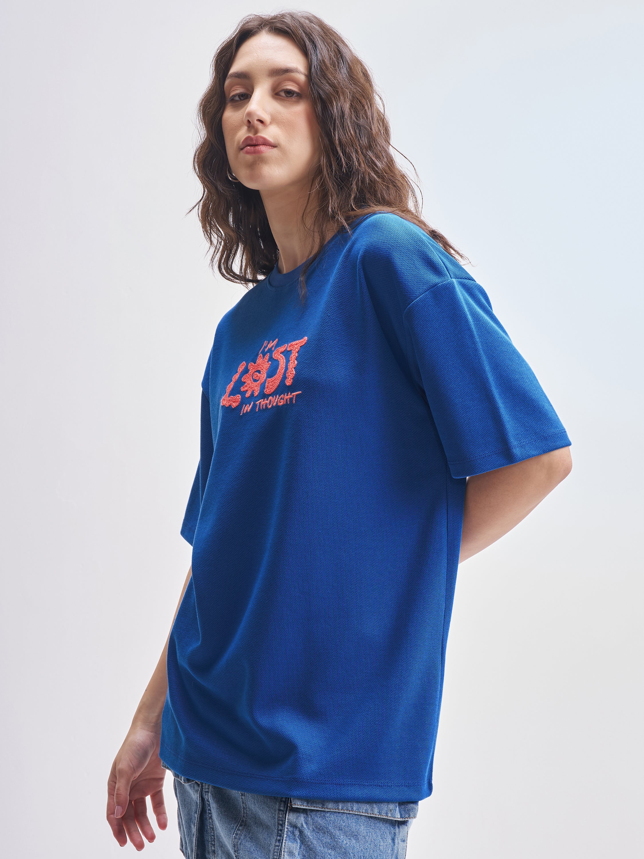 Tokyo Talkies Women Blue Embroidered Round Neck Oversized Fit T-Shirt - Blue - Image 4