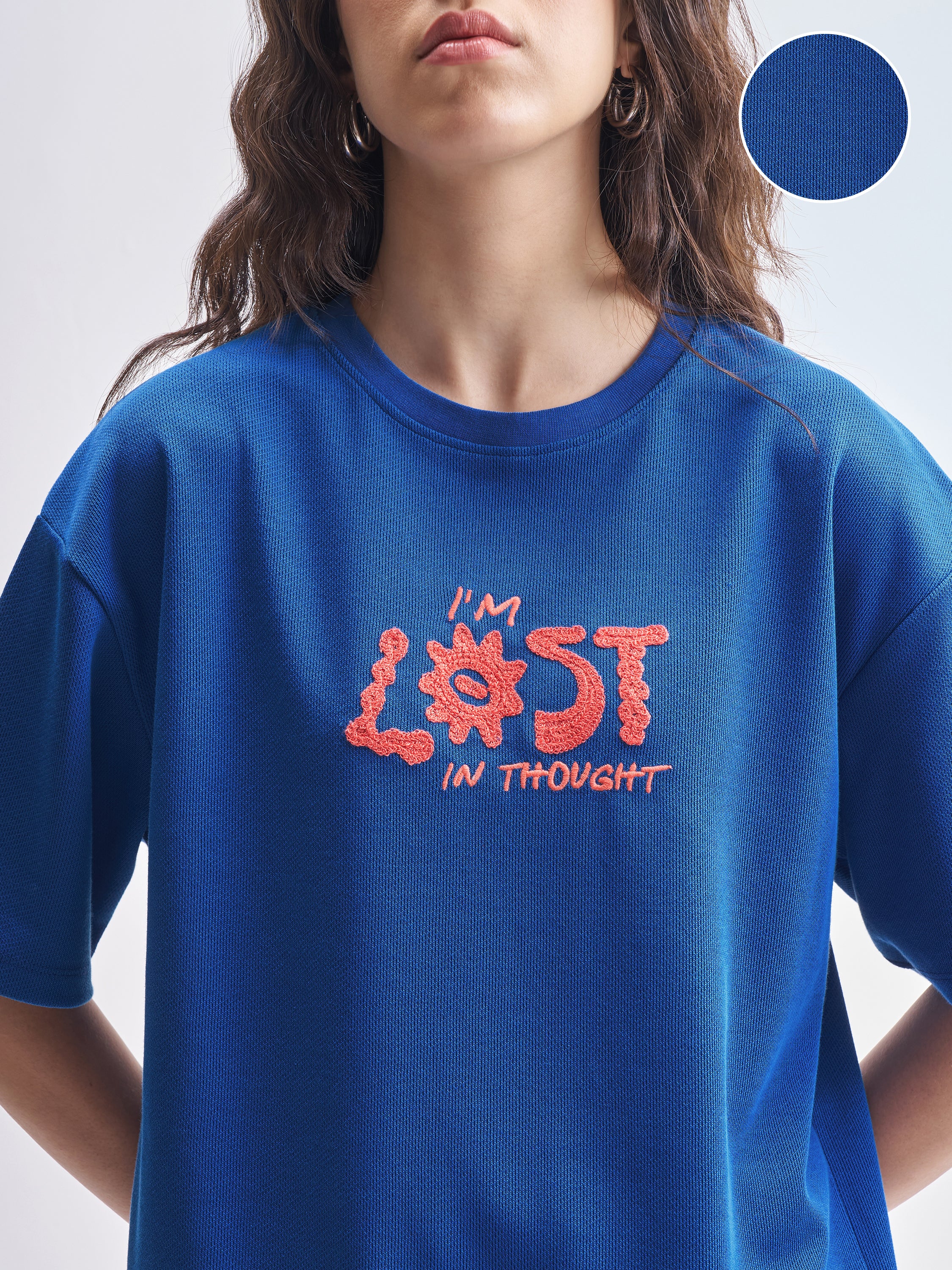 Tokyo Talkies Women Blue Embroidered Round Neck Oversized Fit T-Shirt - Blue - Image 5