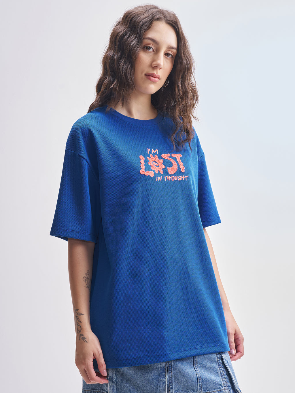 Tokyo Talkies Women Blue Embroidered Round Neck Oversized Fit T-Shirt - Blue - Image 6