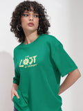Tokyo Talkies Women Green Applique Round Neck Oversized Fit T-Shirt - Green - Image 1
