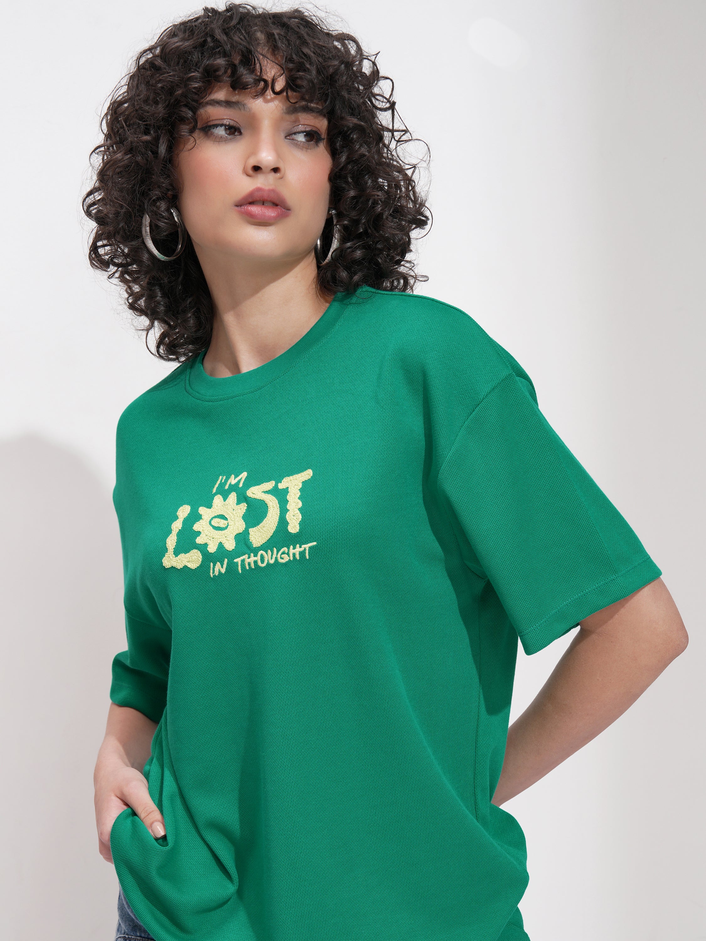 Tokyo Talkies Women Green Applique Round Neck Oversized Fit T-Shirt - Green - Image 1