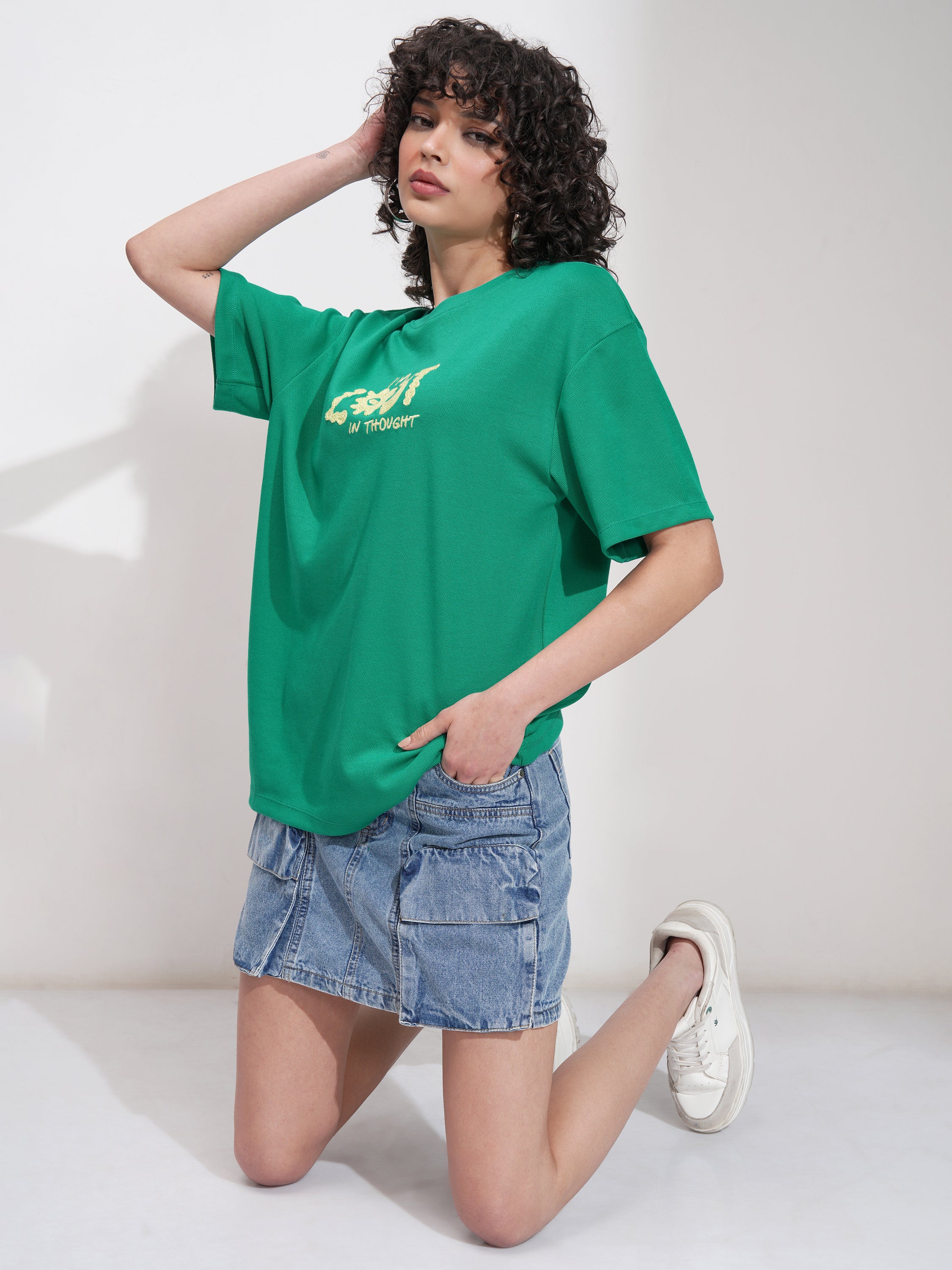 Tokyo Talkies Women Green Applique Round Neck Oversized Fit T-Shirt - Green - Image 2