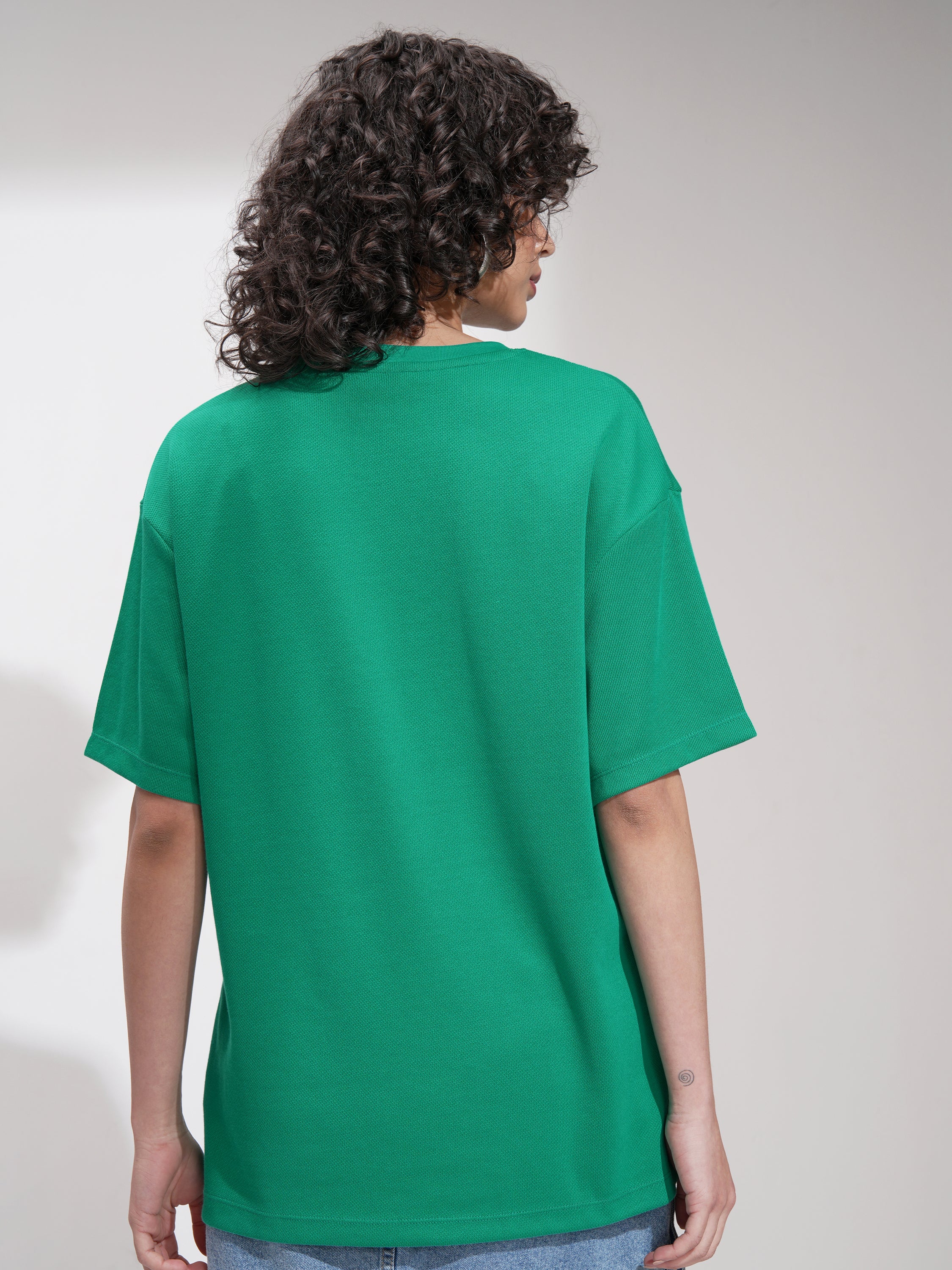 Tokyo Talkies Women Green Applique Round Neck Oversized Fit T-Shirt - Green - Image 3