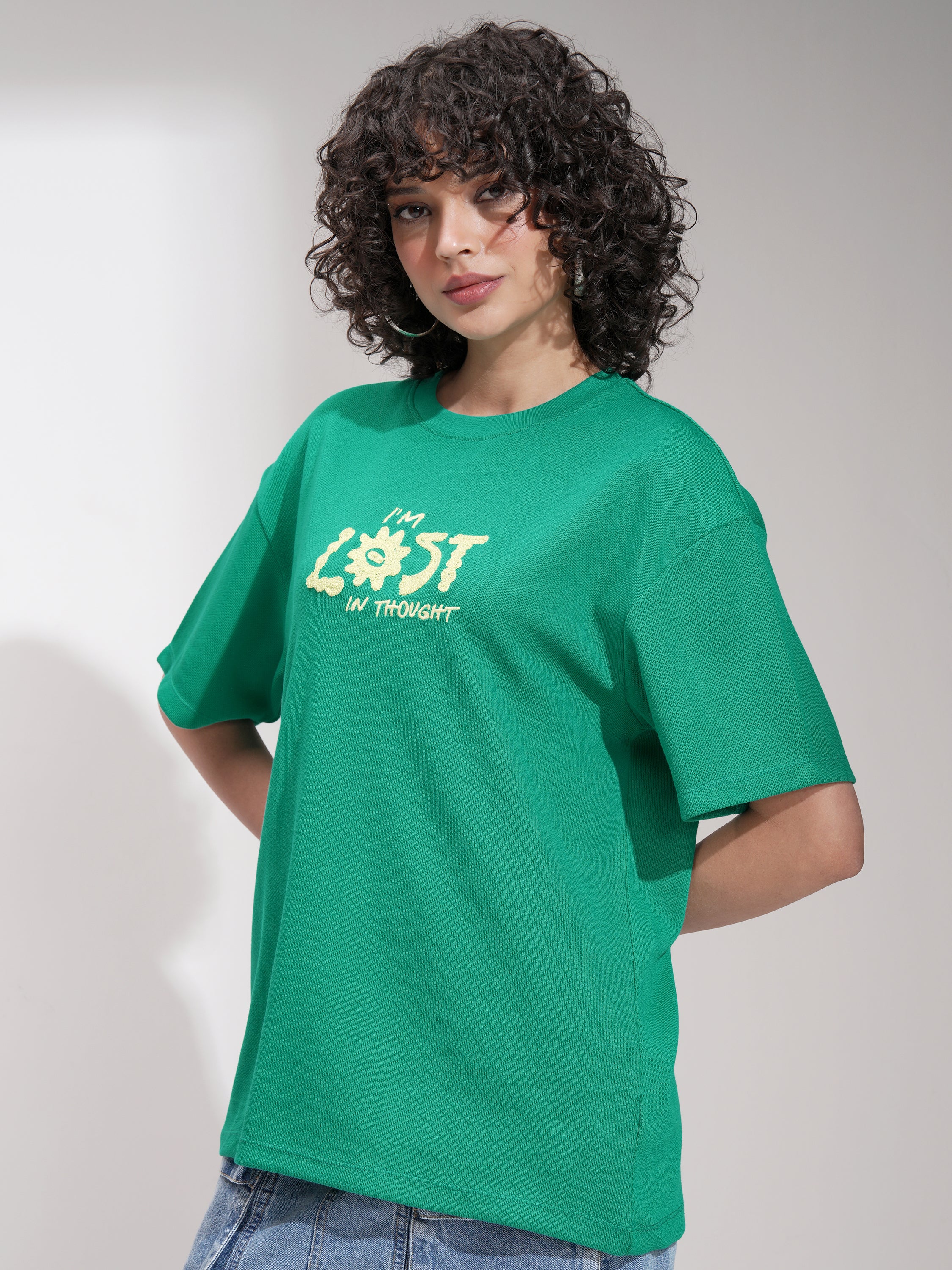 Tokyo Talkies Women Green Applique Round Neck Oversized Fit T-Shirt - Green - Image 4