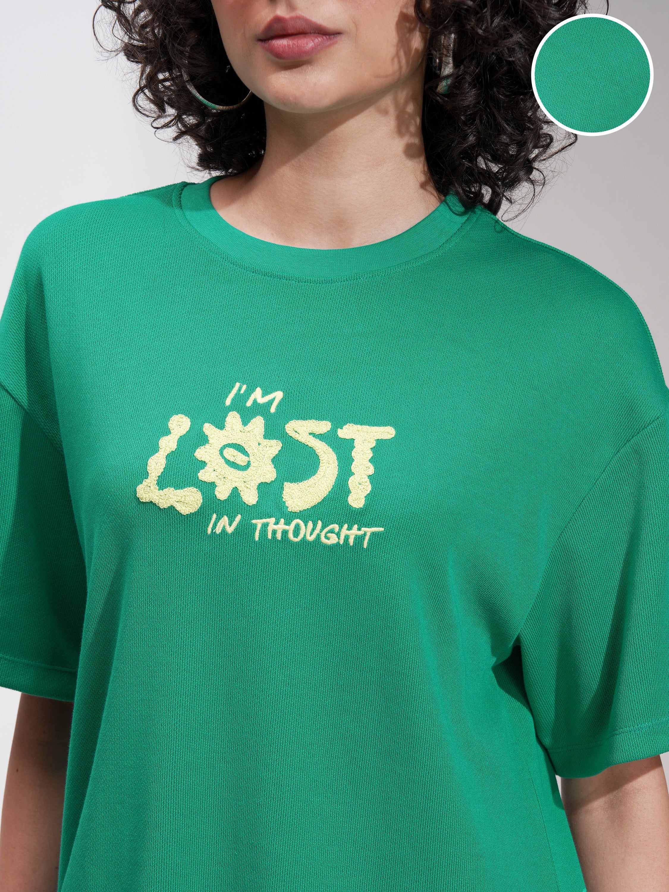 Tokyo Talkies Women Green Applique Round Neck Oversized Fit T-Shirt - Green - Image 5