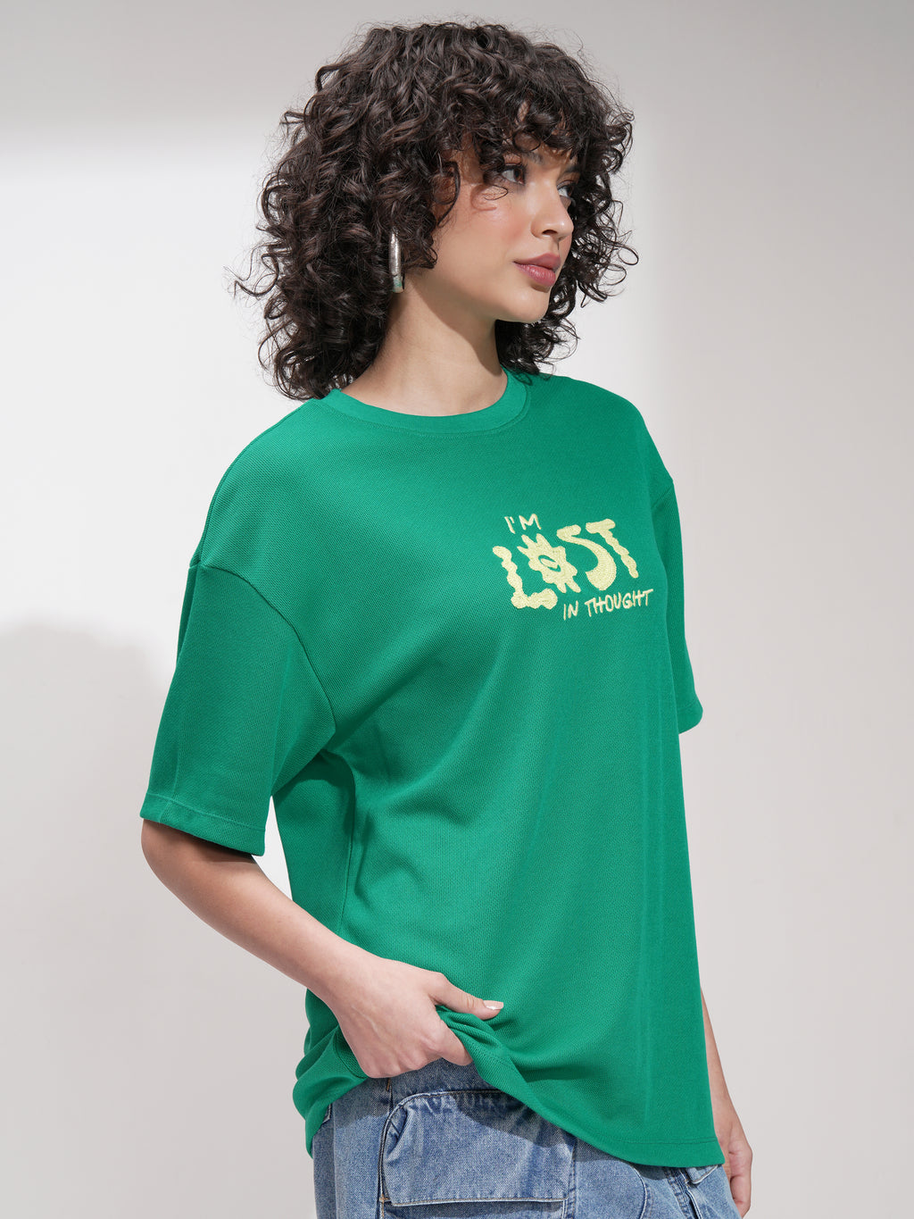 Tokyo Talkies Women Green Applique Round Neck Oversized Fit T-Shirt - Green - Image 6
