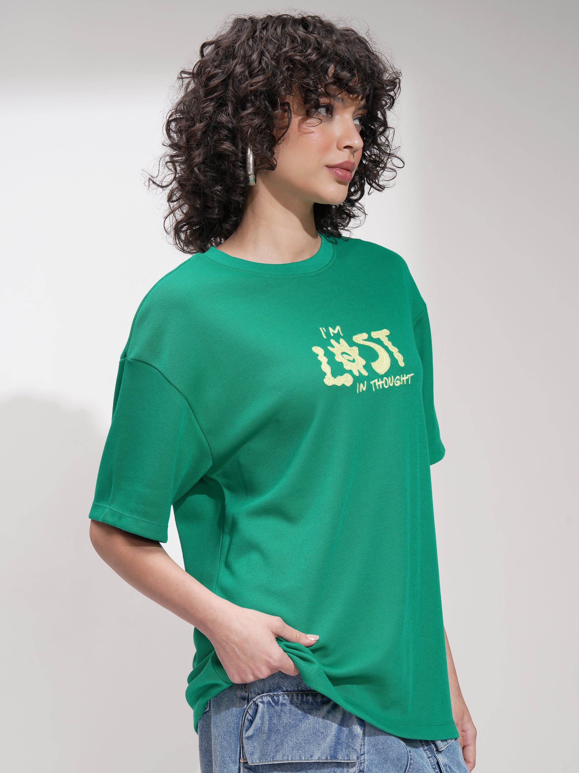 Tokyo Talkies Women Green Applique Round Neck Oversized Fit T-Shirt - Green - Image 6