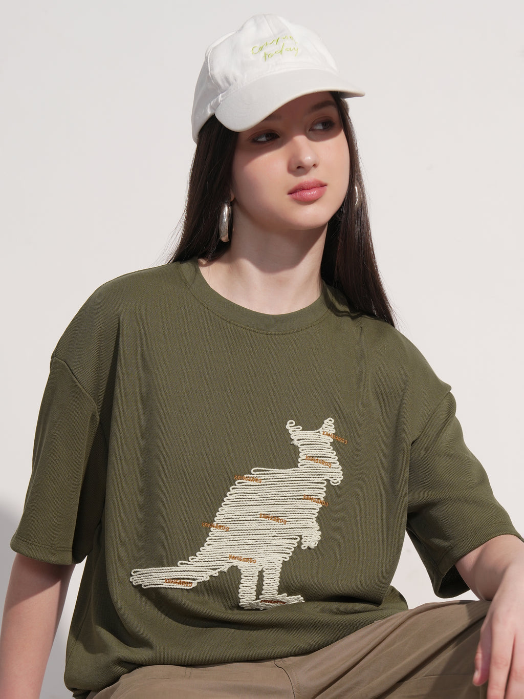 Tokyo Talkies Women Olive Applique Round Neck Oversized Fit T-Shirt - Olive - Image 1