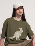 Tokyo Talkies Women Olive Applique Round Neck Oversized Fit T-Shirt - Olive - Image 1