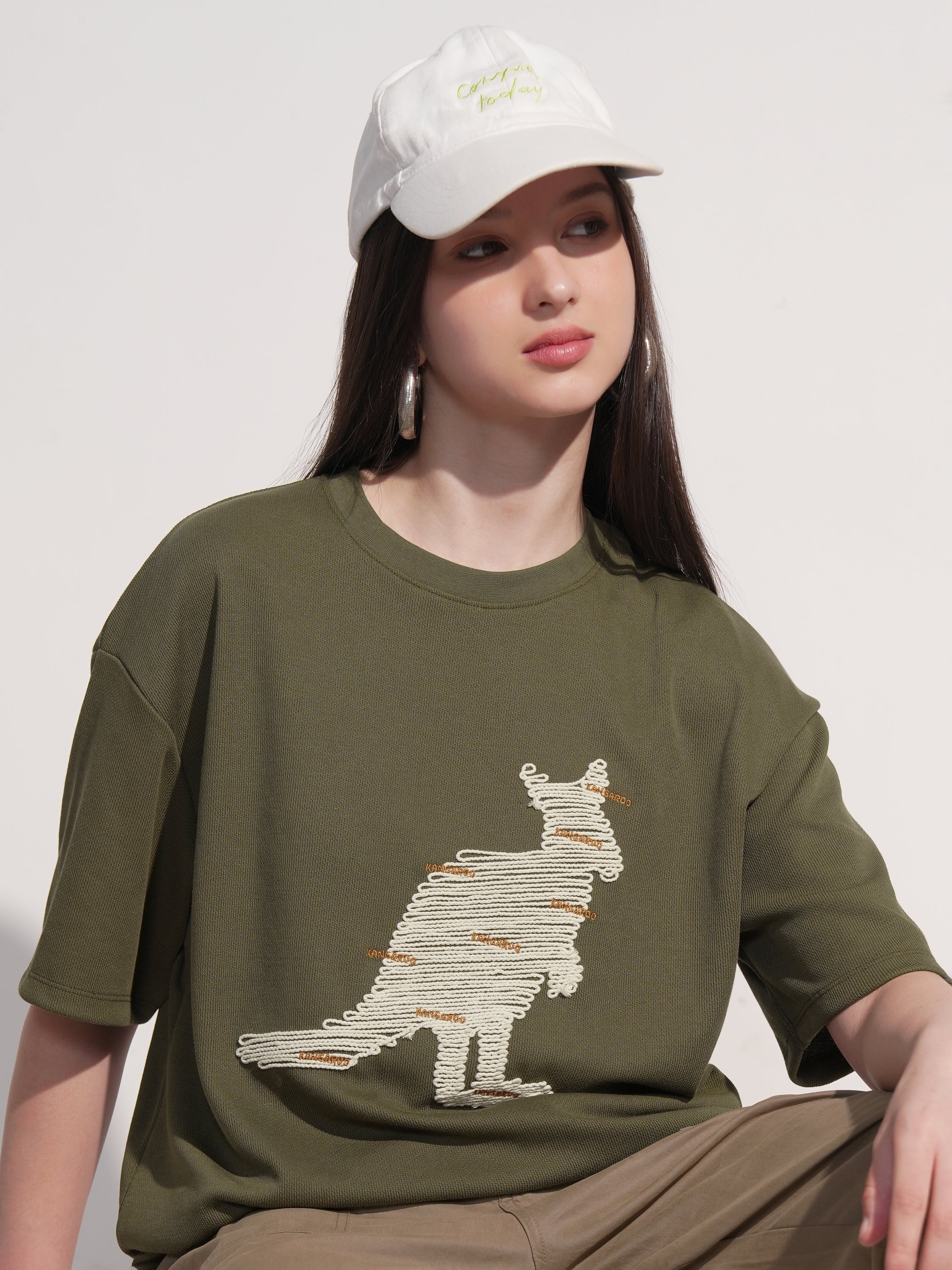 Tokyo Talkies Women Olive Applique Round Neck Oversized Fit T-Shirt - Olive - Image 1