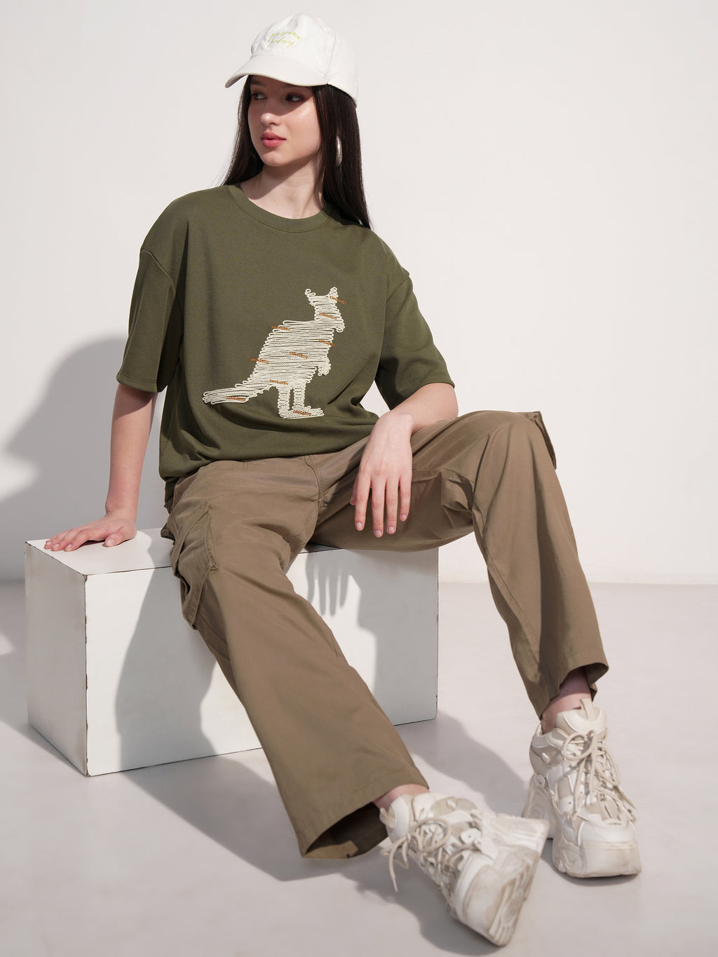 Tokyo Talkies Women Olive Applique Round Neck Oversized Fit T-Shirt - Olive - Image 2
