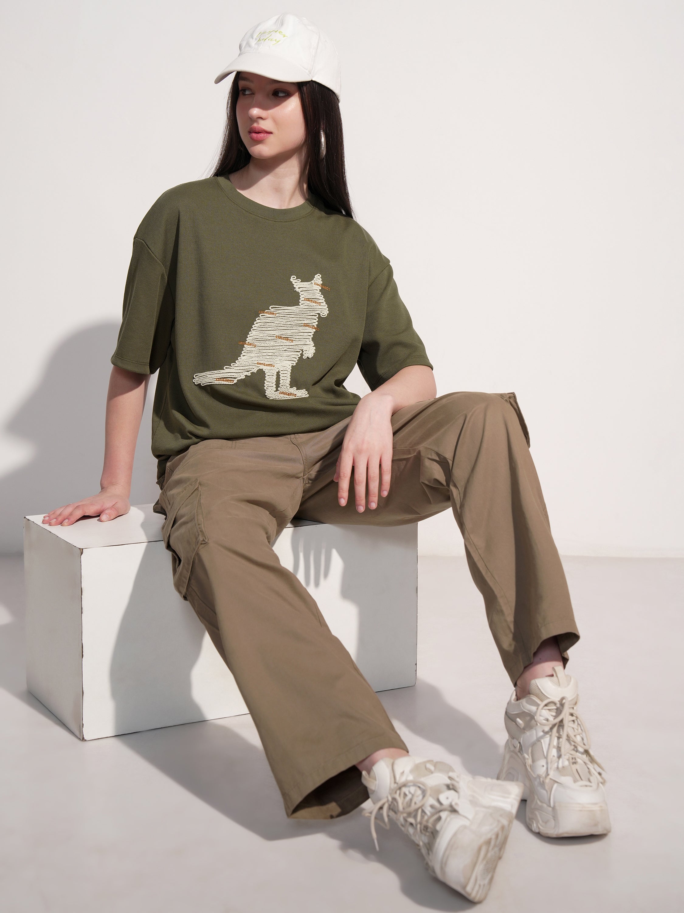 Tokyo Talkies Women Olive Applique Round Neck Oversized Fit T-Shirt - Olive - Image 2