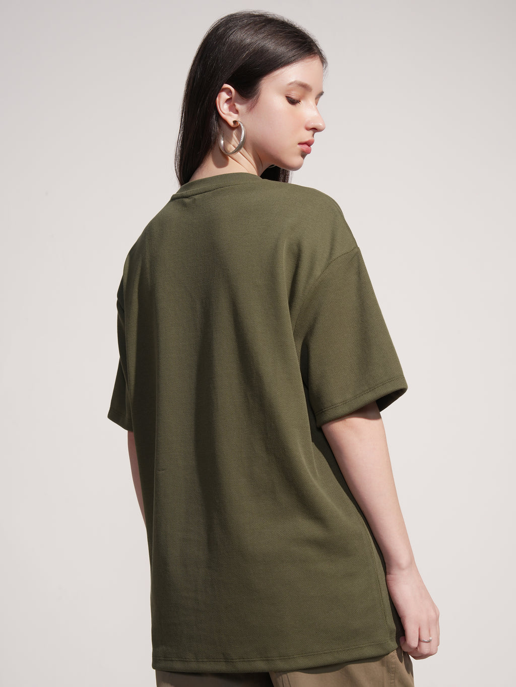 Tokyo Talkies Women Olive Applique Round Neck Oversized Fit T-Shirt - Olive - Image 3
