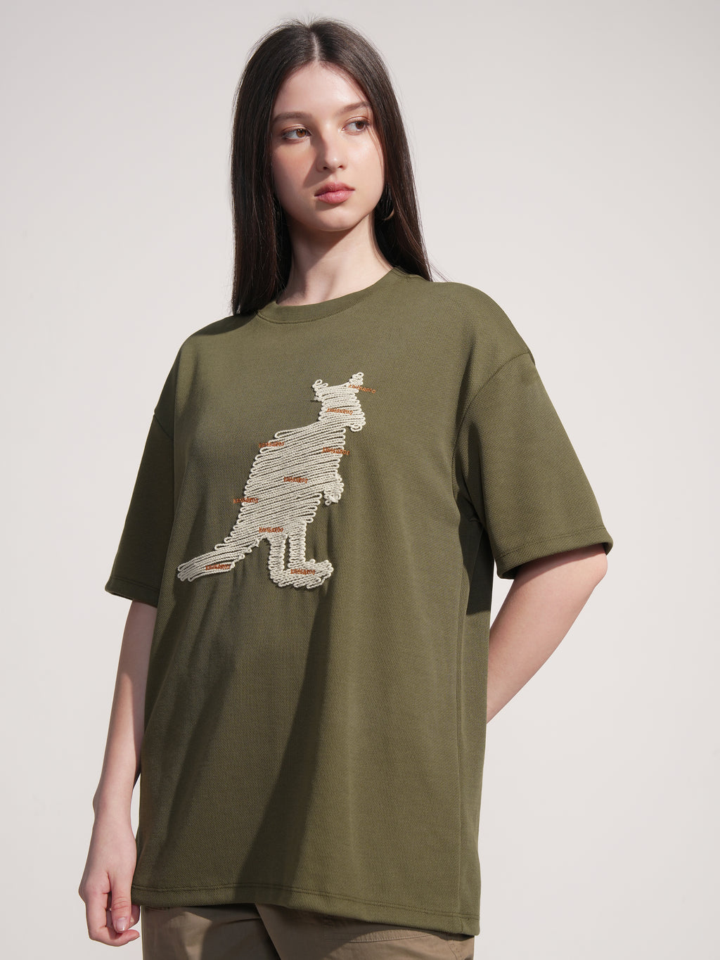 Tokyo Talkies Women Olive Applique Round Neck Oversized Fit T-Shirt - Olive - Image 4