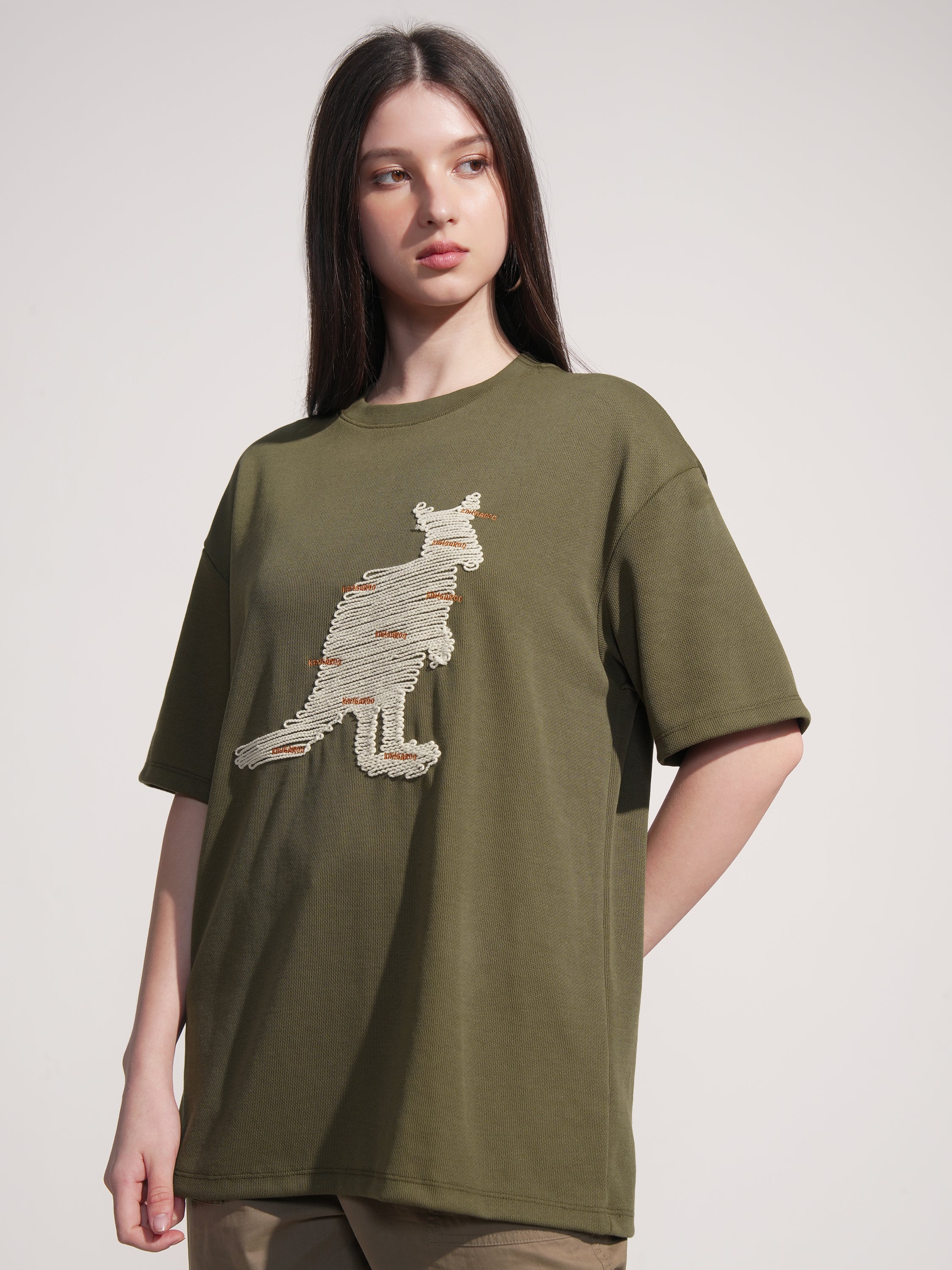 Tokyo Talkies Women Olive Applique Round Neck Oversized Fit T-Shirt - Olive - Image 4