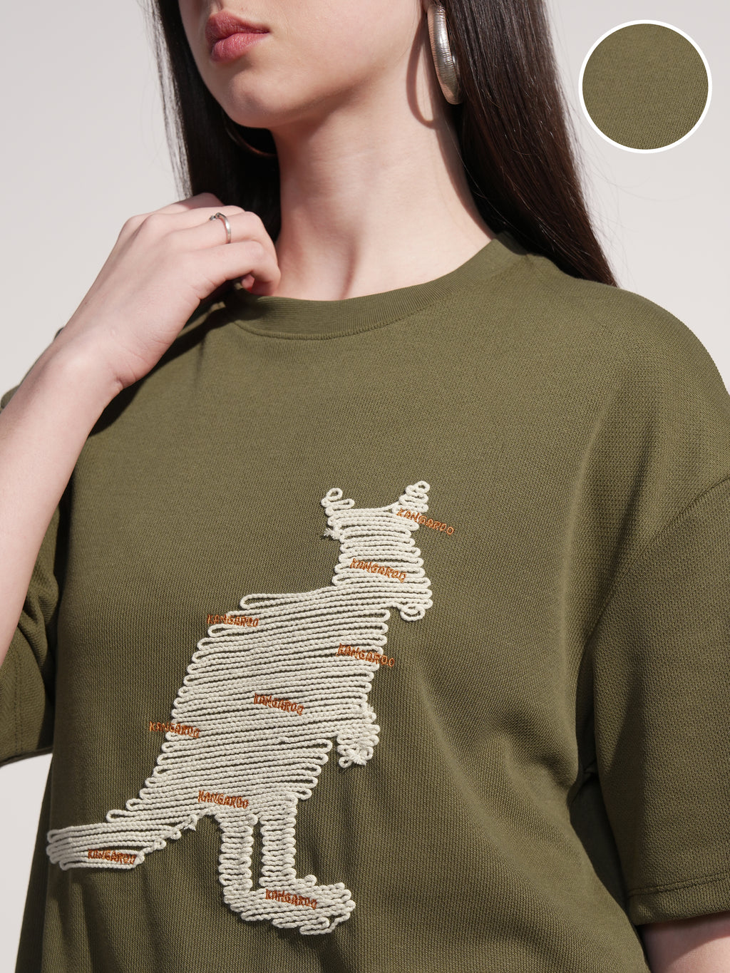 Tokyo Talkies Women Olive Applique Round Neck Oversized Fit T-Shirt - Olive - Image 5